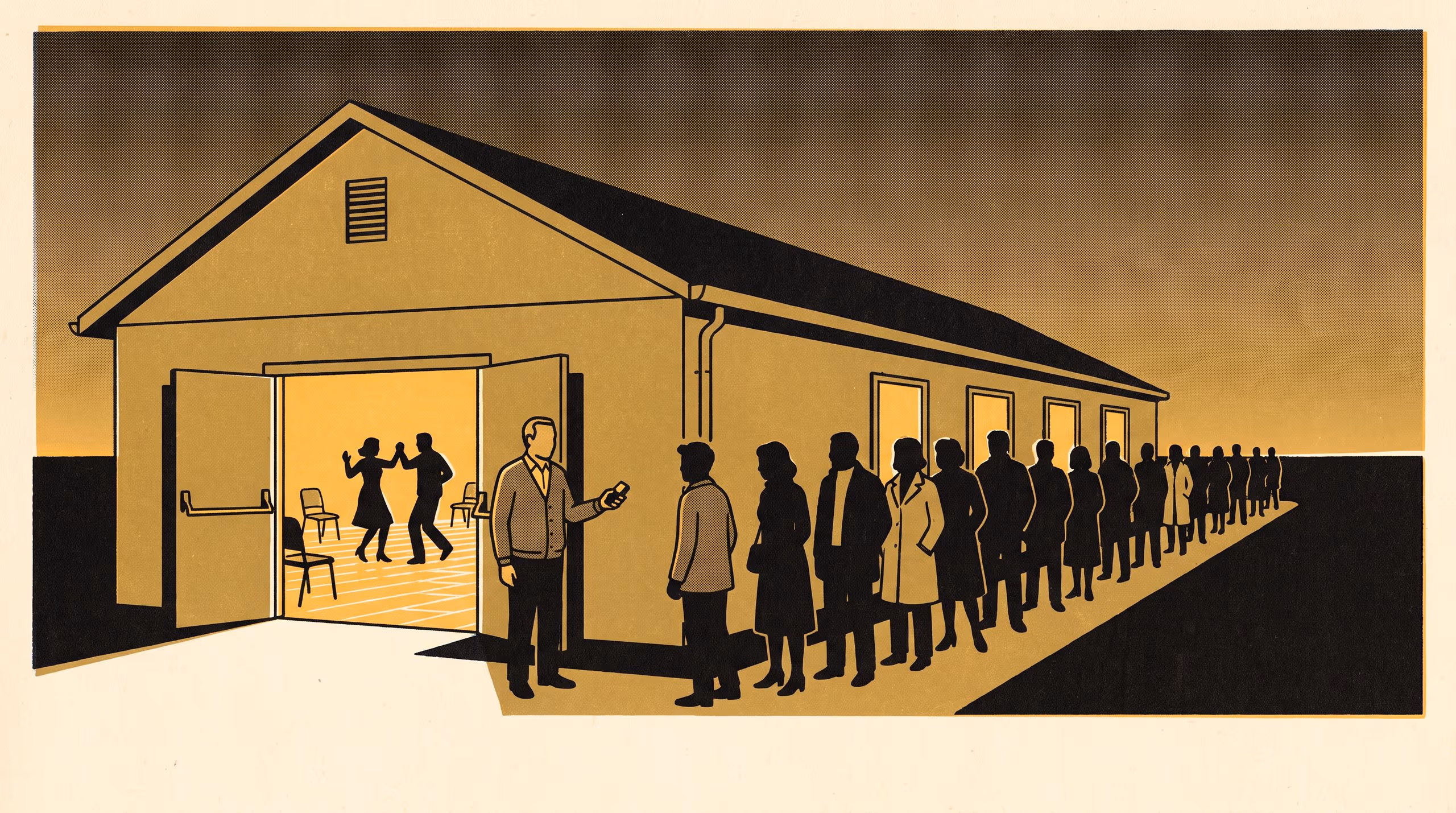 Illustration for Counted In, Never Out: A marketing poster for the one-way door tally Dr Renke Sabel built for community-hall stewards, which a shire adopts as each hall's occupancy record.