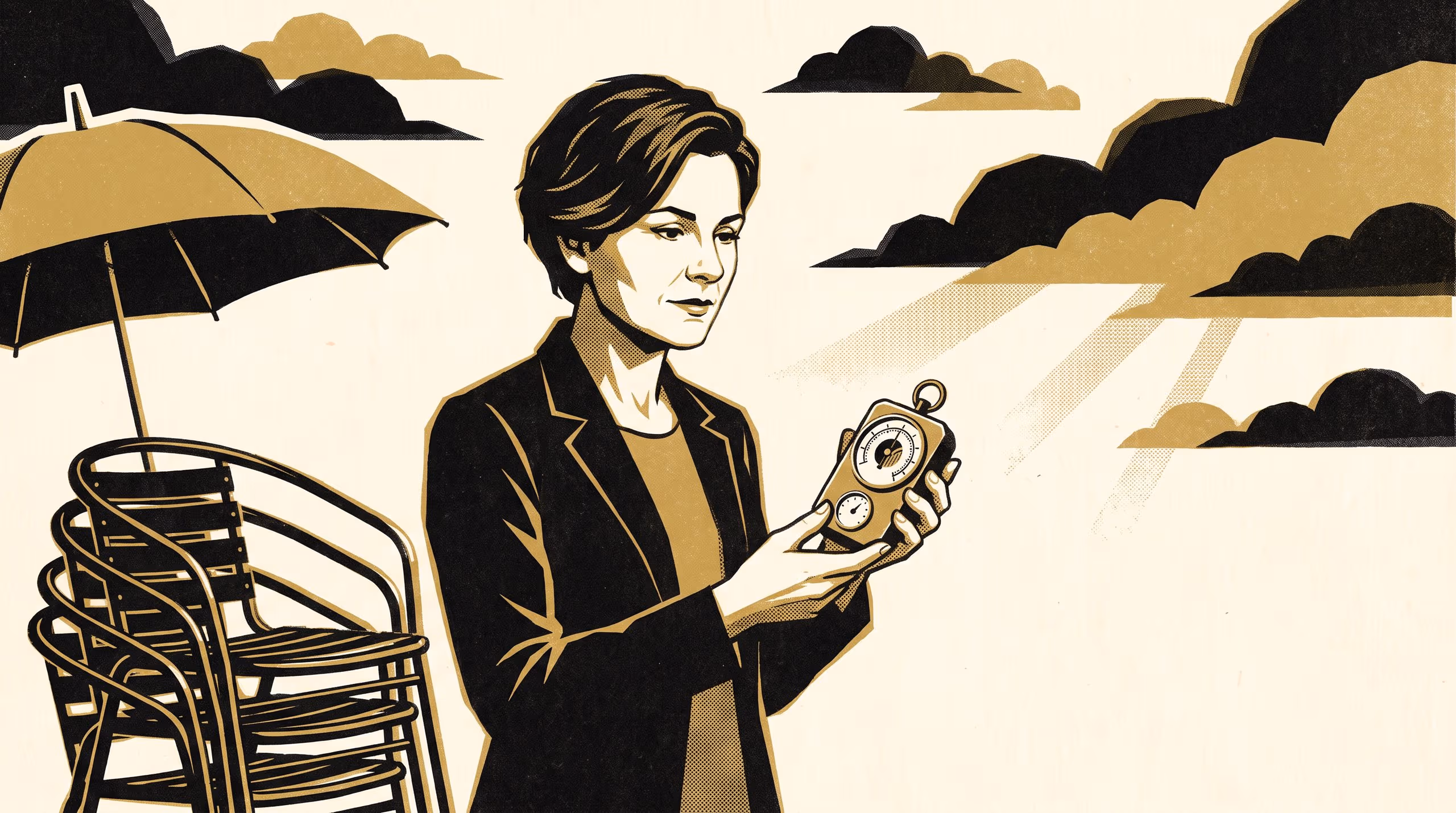 Illustration for The Gap Between Forecast And Fact: A featured-researcher pitch for the School of Emergent Priorities' Strategic Drift Survey, built around a café's morning call on whether the tables go out