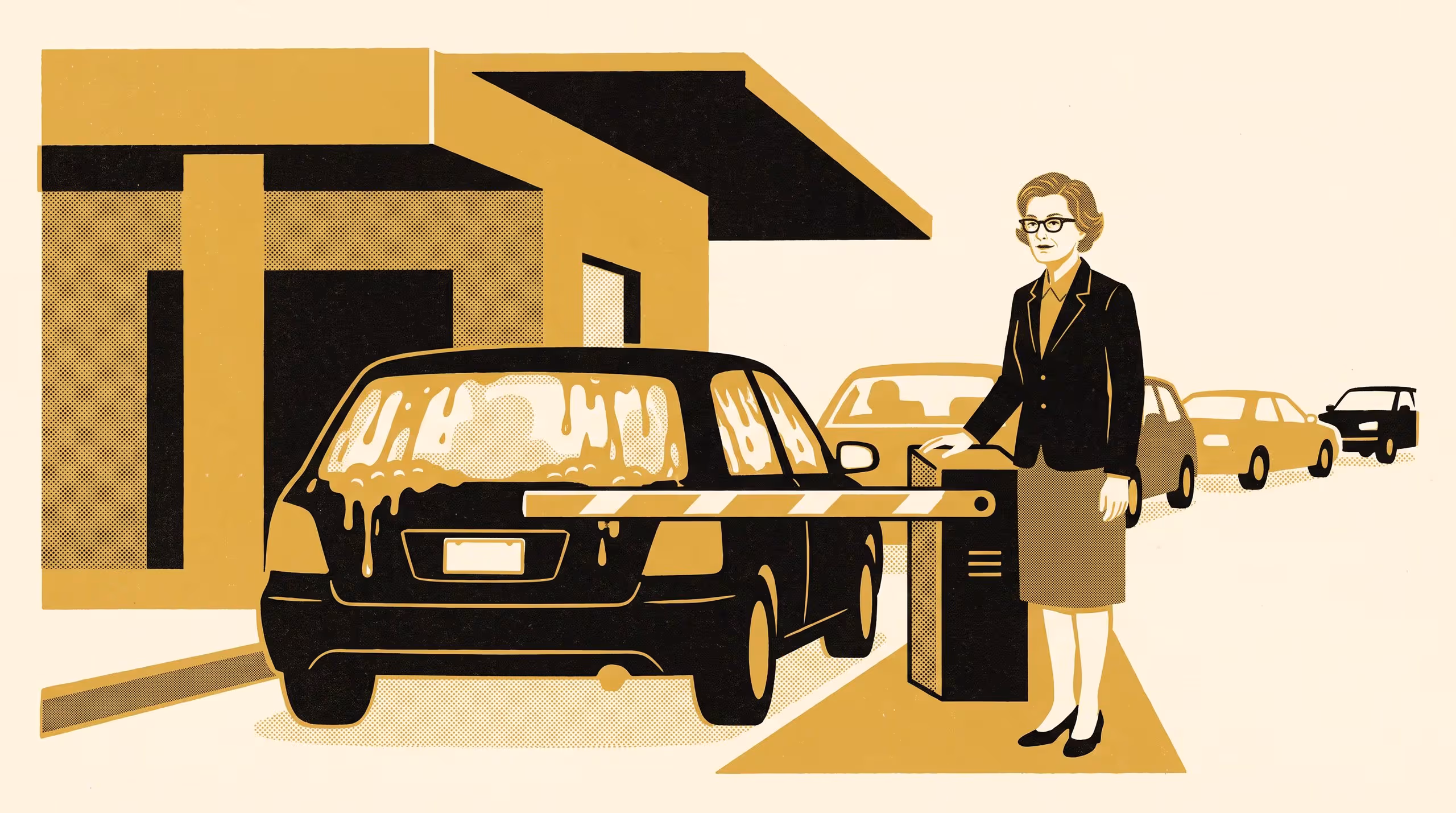 Illustration for Generosity, Metered To The Minute: A featured-researcher pitch for the School of Continuous Improvement, built around a car wash's boom-gate plate scanner that quietly rations a membership advertised as unlimited.