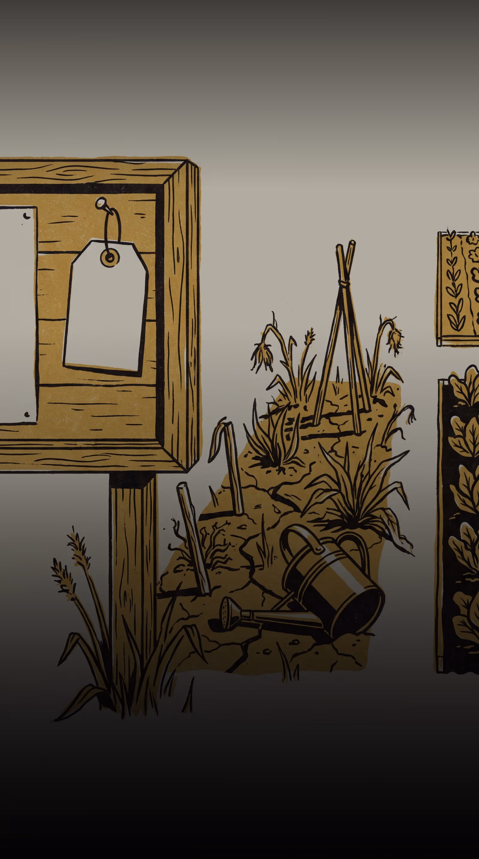 Illustration for The Tag Outlives The Tending. We Noticed.: A ranking-brag campaign for Slop University, built around a community garden allotment's forgotten claimed tag and the University's own Living Dashboard composite