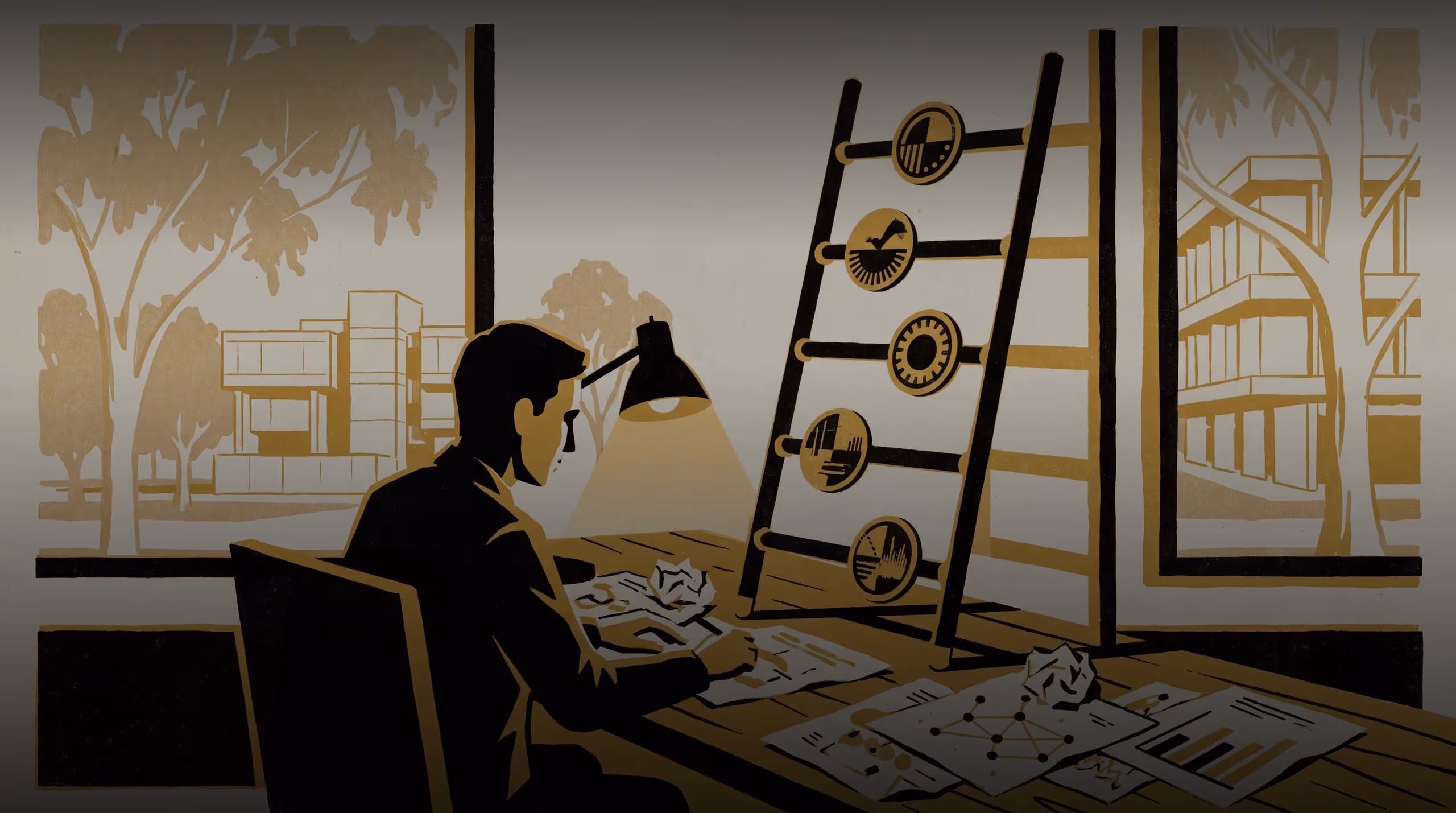 Illustration for Come Study Who Gets To Decide: A recruitment pitch for the Master of Applied Measurement, built around a five-level maturity model that decides which neighbourhood-forum moderator may resolve a dispute without asking the platform first.