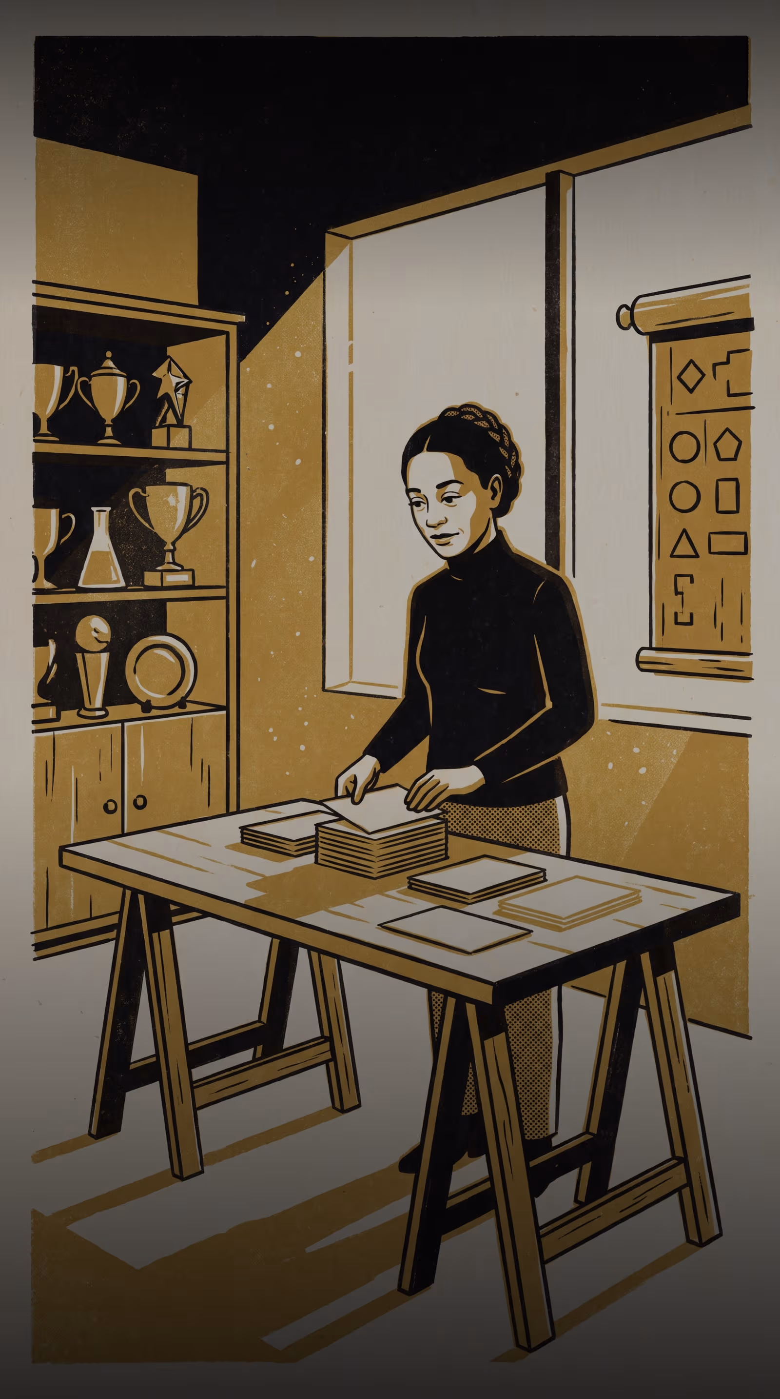 Illustration for Counted, Not Chosen: A featured-researcher marketing poster for the School of Emergent Priorities, built around Dr Petra Umbile's failed replication of an earlier committee-nomination finding at a football club, developed for bus-stop panels and campus digital signage in a portrait rotation.