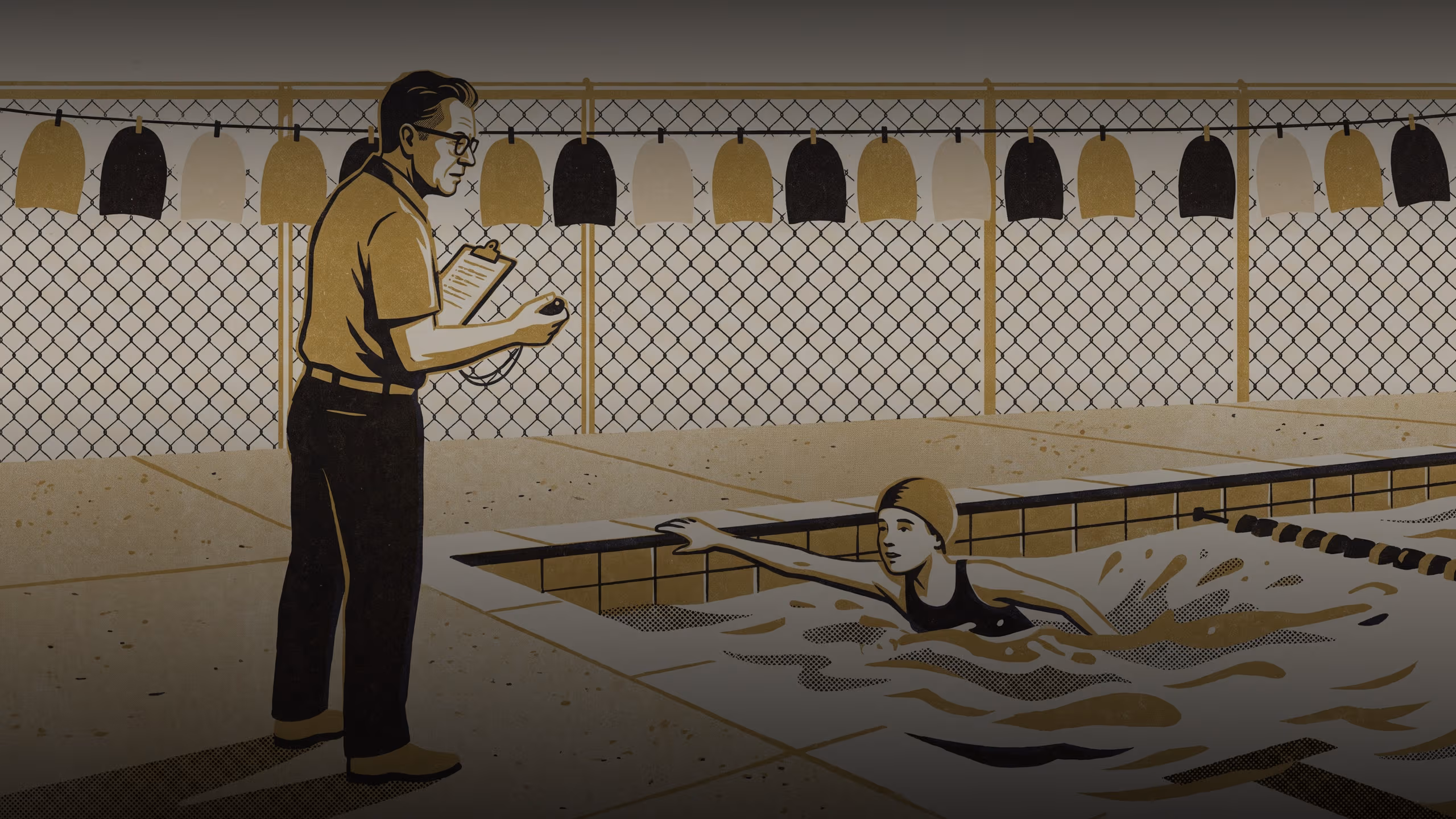 Illustration for The Bar You Clear Becomes The Floor: A featured-researcher pitch for the School of Continuous Improvement, built around a junior swim club's coloured-cap ladder and the personal-best time it never lets go