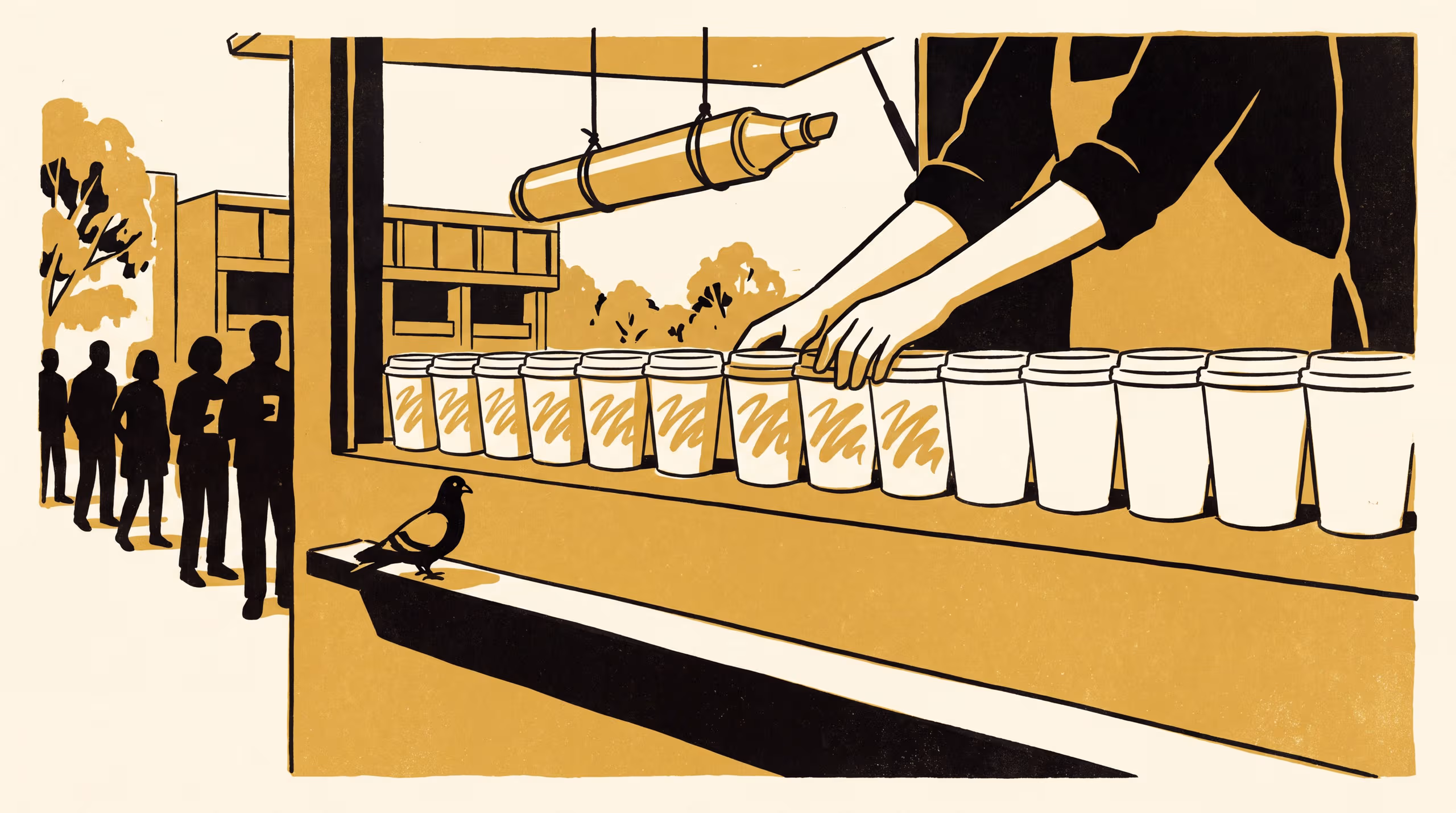 Illustration for Notes on a Marker Pen at the Coffee Counter: A campaign for the School of Emergent Priorities' attempt to repeat the finding that a shared item arrives when it carries a name, and the pen now kept at every campus counter until it does.