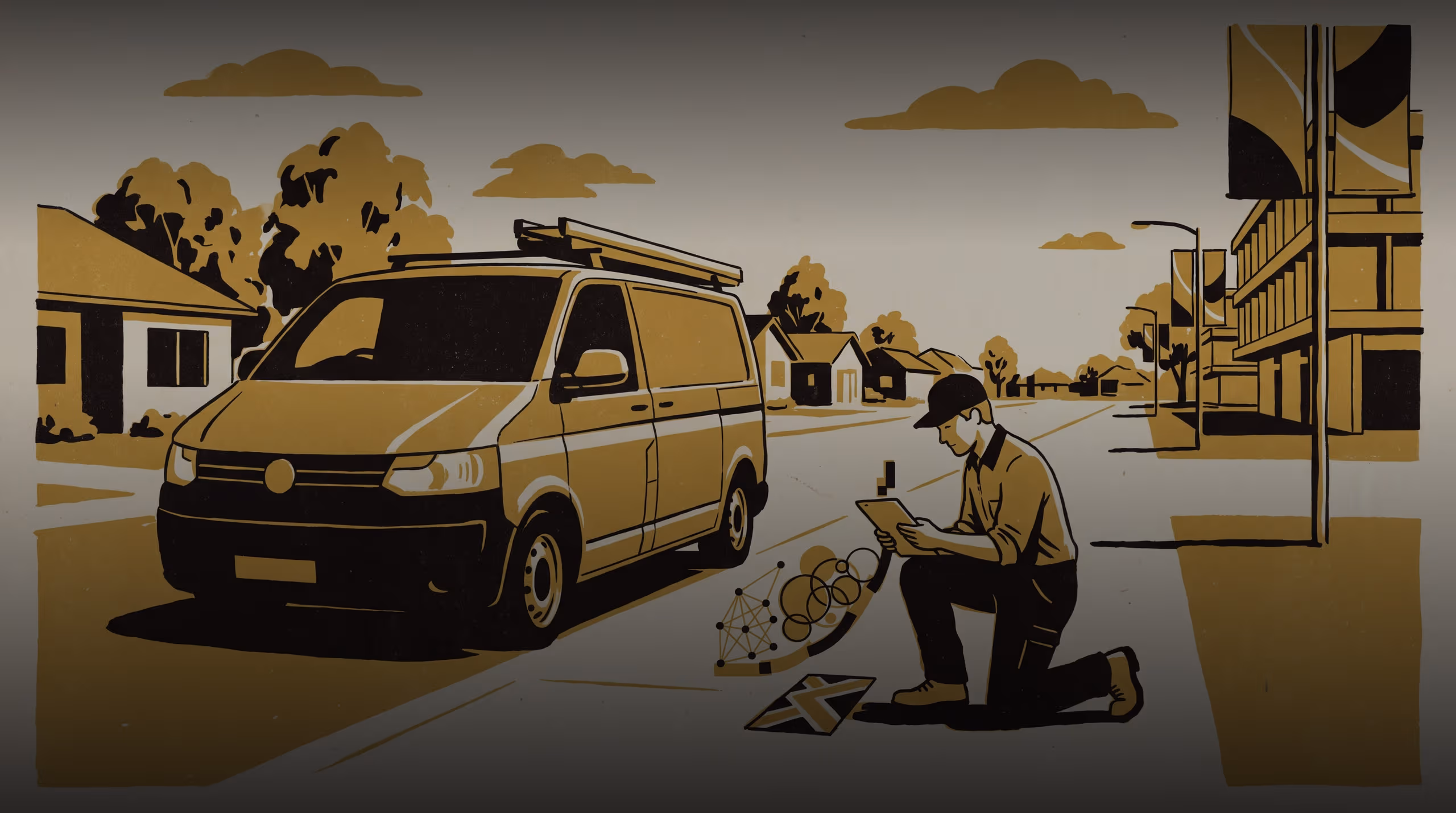 Illustration for Towards a Threshold Every Tradesperson Can See: A program/campaign signage piece for the Master of Applied Measurement intake, built around an interview study of home-service tradespeople and the booking-app rating line that decides whether they're found