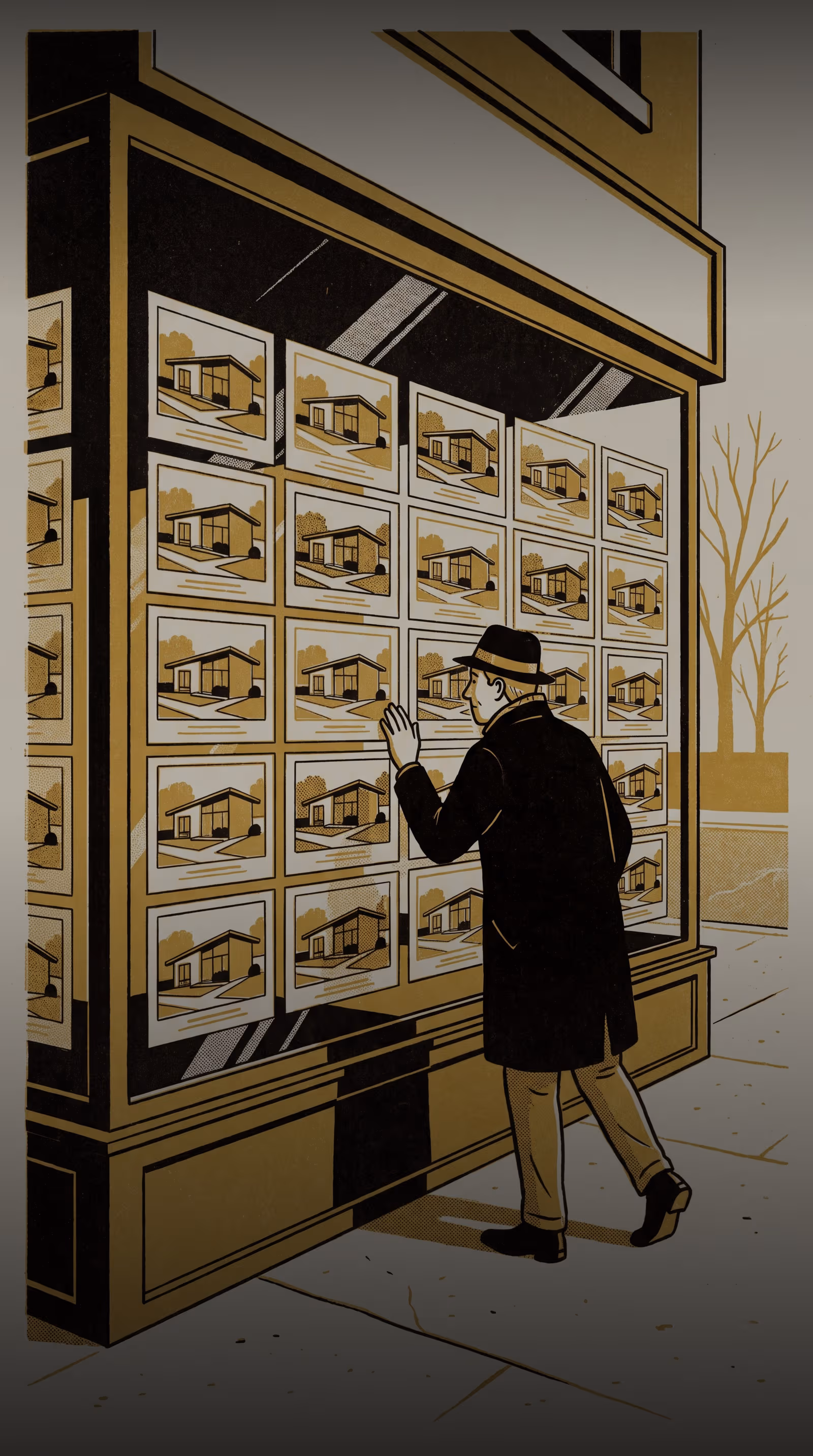Illustration for Twelve Homes. One Method.: A come-study campaign for the Master of Applied Measurement, staged at a real-estate agency's shopfront window where every listing photograph follows the same house style
