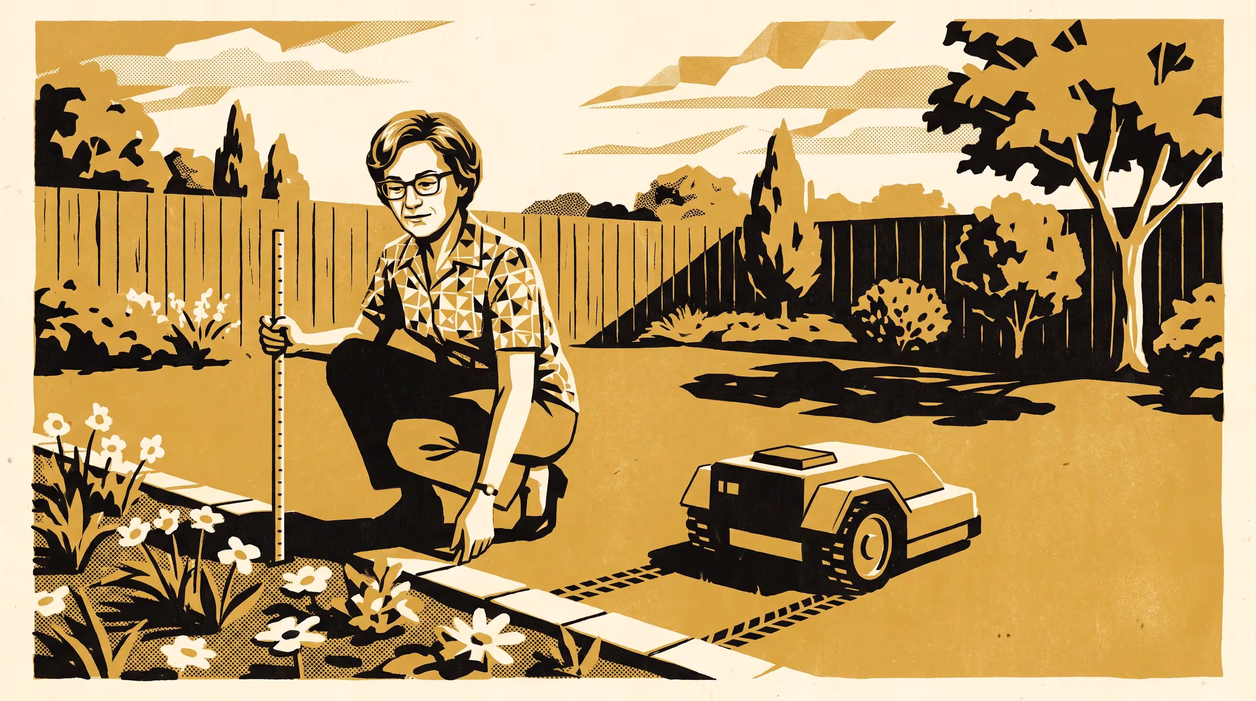 Illustration for The Edge Moves When Nobody's Watching.: A featured-researcher marketing poster for Lecturer Iben Chikere, School of Emergent Priorities, built around a robotic lawnmower whose boundary wire creeps a little further into the flowerbed with every unattended mow.