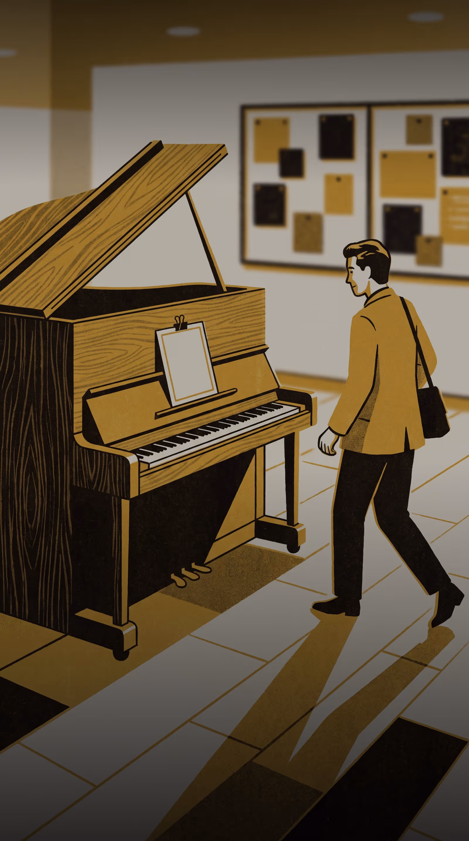 Illustration for Logged On Arrival. Never Checked In Tune.: A program-event campaign for Demo Quarter, staged around a shopping-centre foyer's public piano and the tuning log taped inside its lid