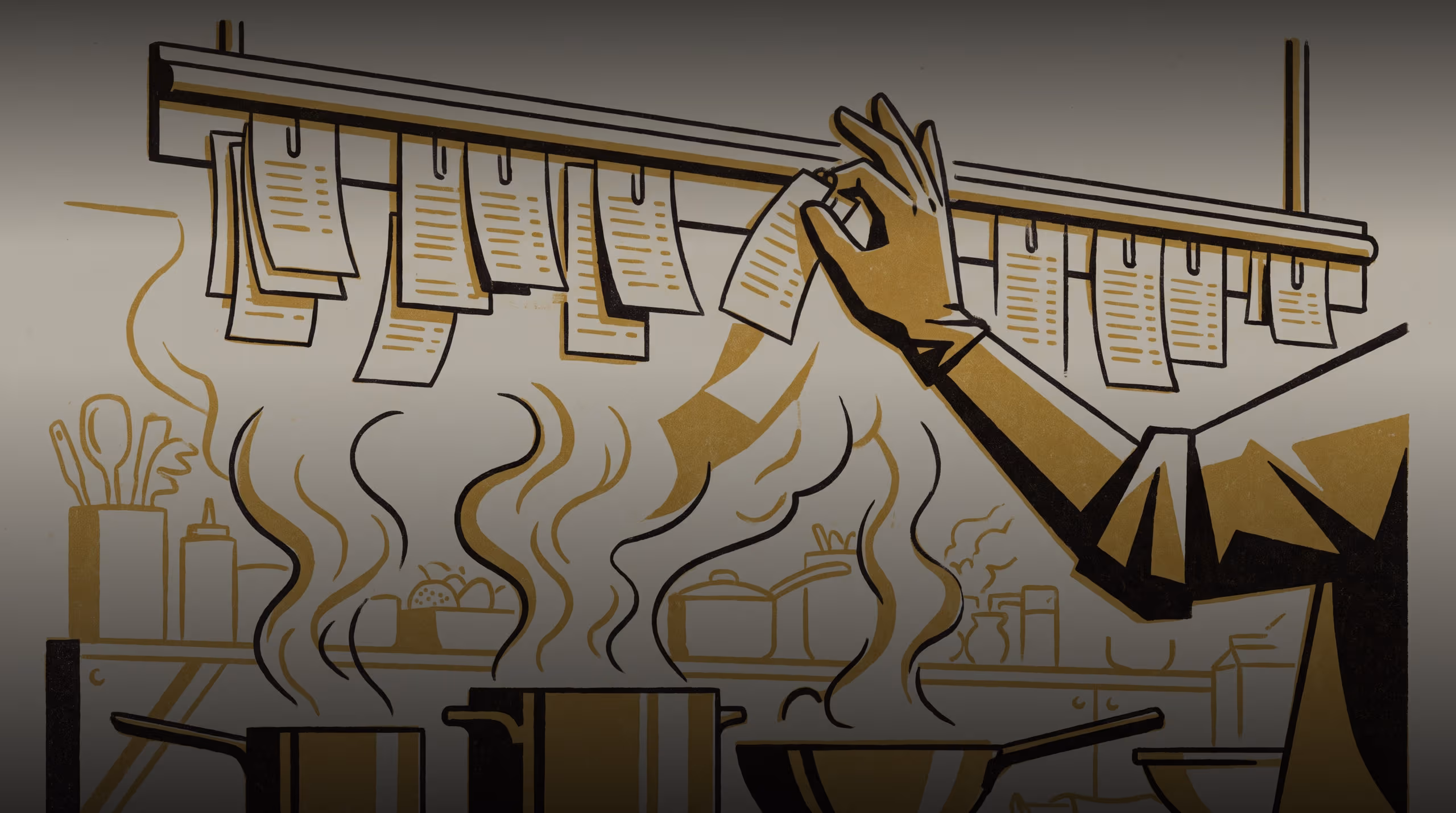 Illustration for Decide What Moves To The Front: A come-study campaign for the Master of Priority Studies, staging a takeaway kitchen's order rail at the peak of a lunch rush