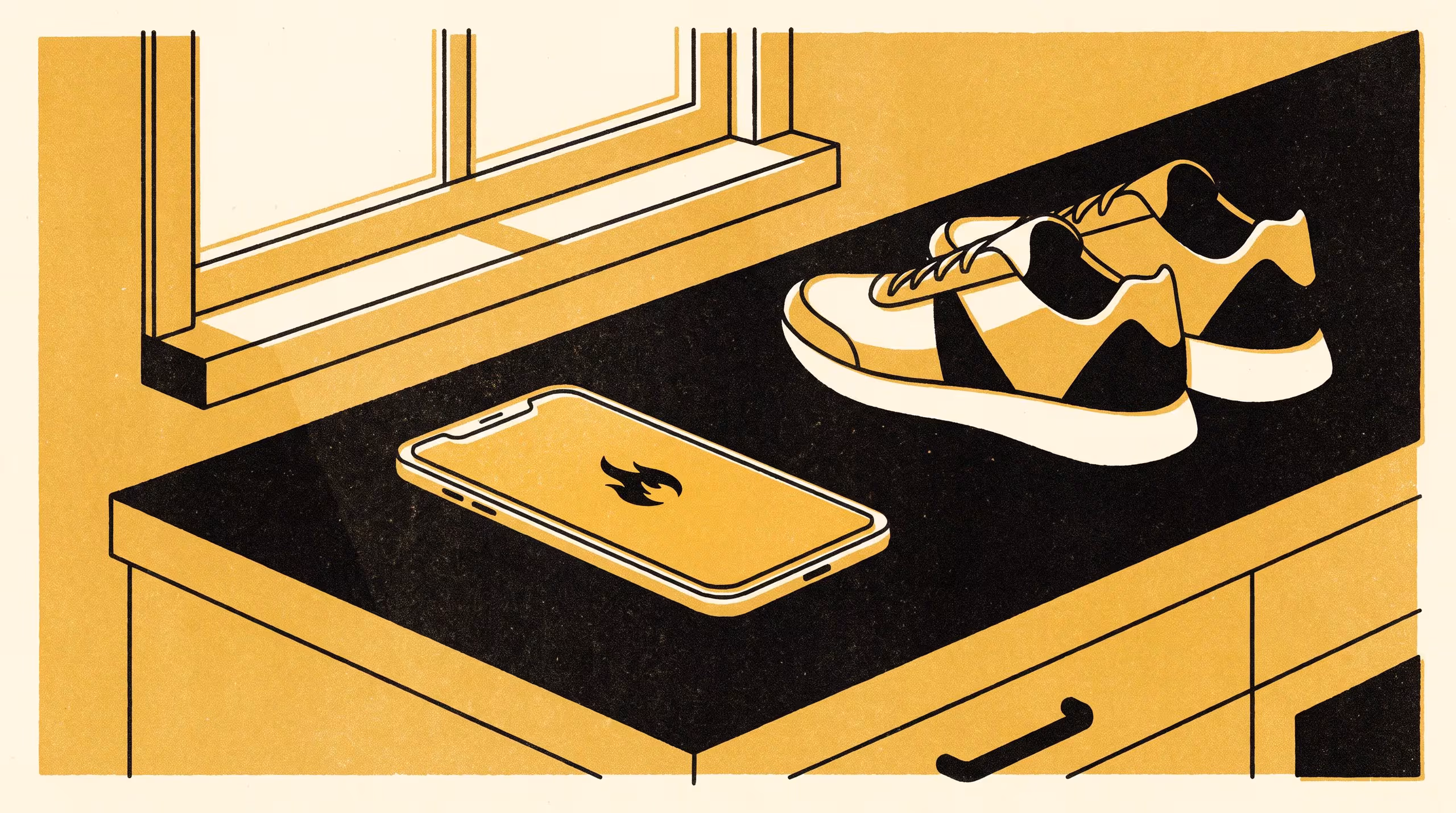 Illustration for The Flame Outlasted The Habit: A featured-researcher marketing poster for Senior Lecturer Runa Adegoke, School of Emergent Priorities, built around a fitness app's workout streak whose flame keeps burning on days the workout never happened.