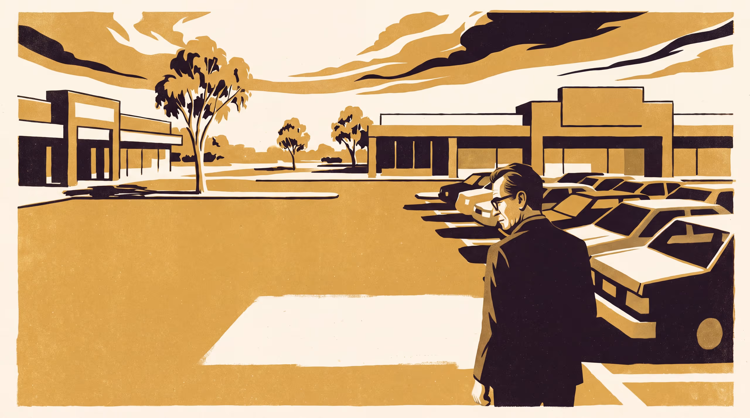 Illustration for Which kind of bay is this?: A featured-researcher campaign for the School of Emergent Priorities, staging Marek Solheim beside a reserved stencil painted out in a strip-mall car park