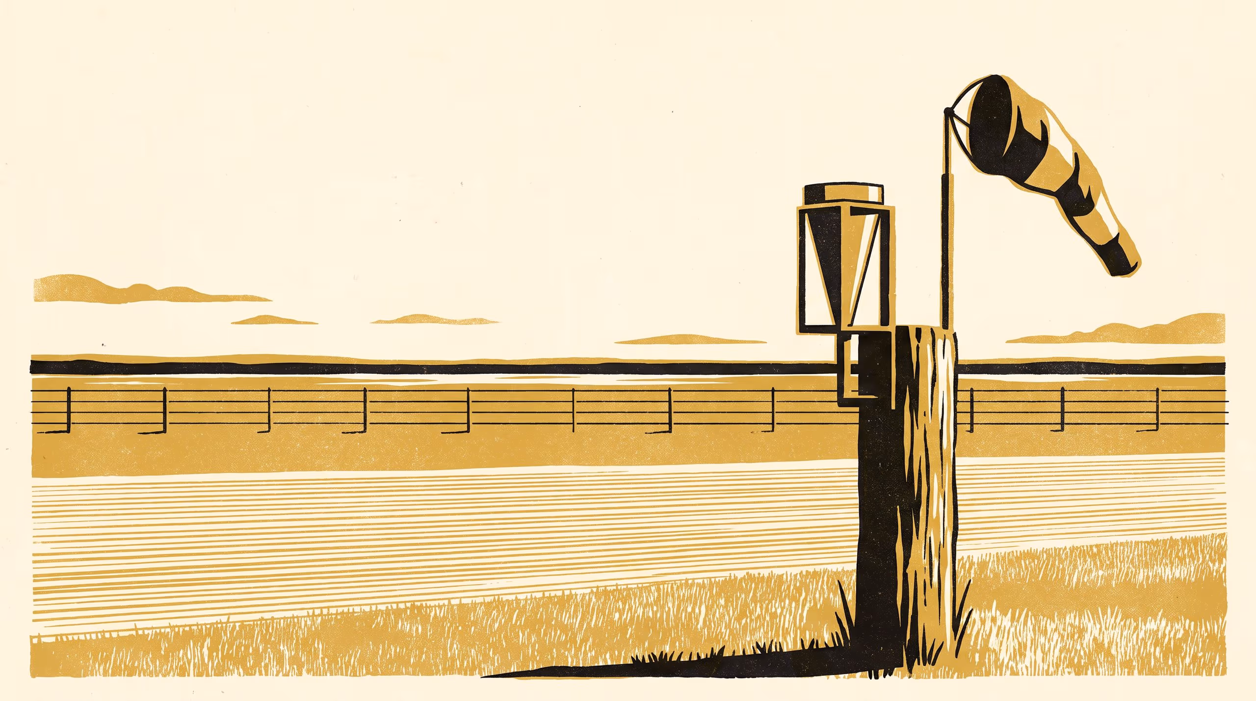 Illustration for It Rained Somewhere Else: A come-study campaign for the Master of Applied Measurement, built around an estuary oyster lease closed on a threshold by a rain gauge standing at an airstrip a district inland