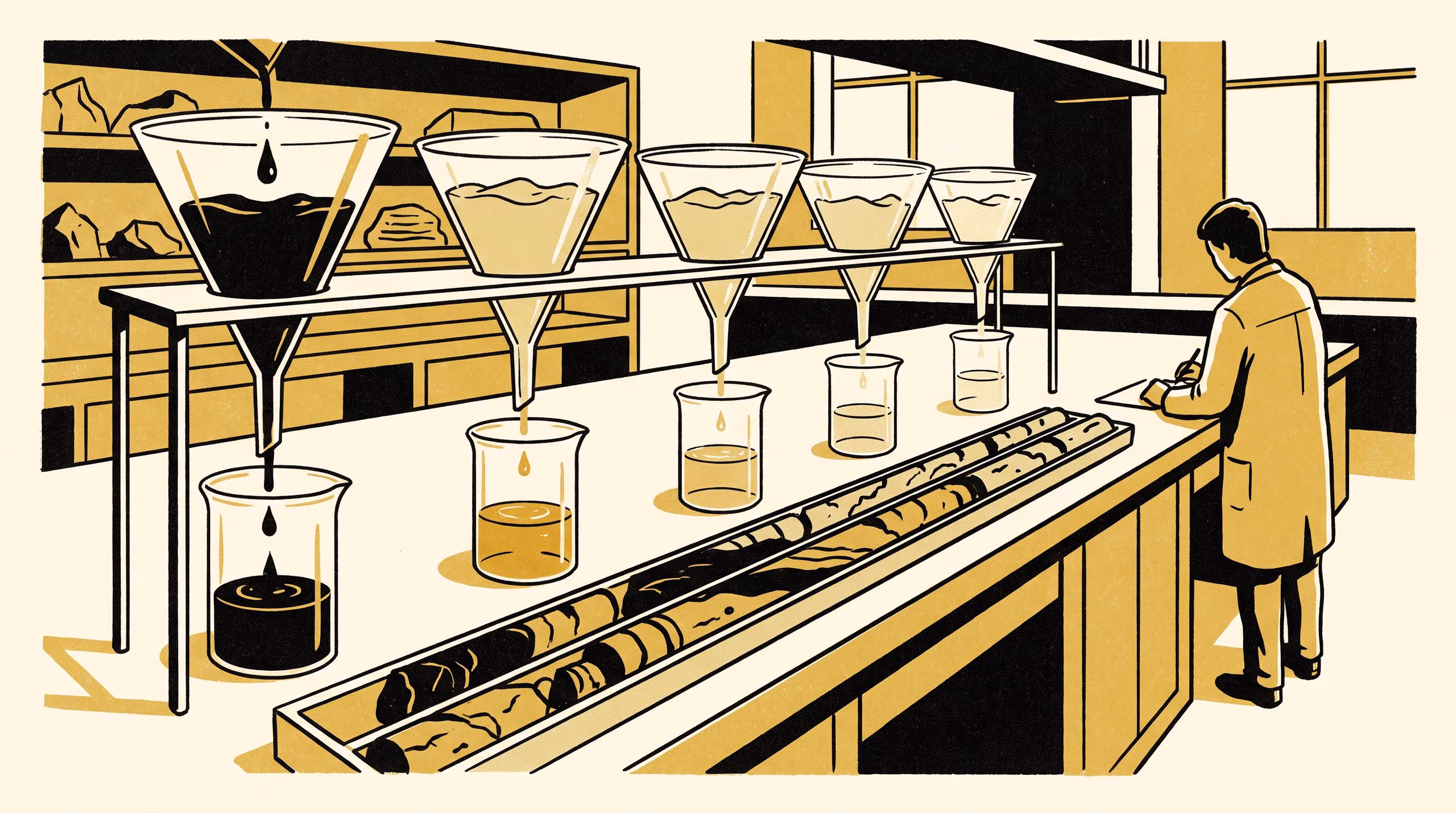 Illustration for Appetite Has a Shape: A portrait research-teaser campaign for the School of Underlying Conditions, set at a bench where an oil is fed to a seam of clay