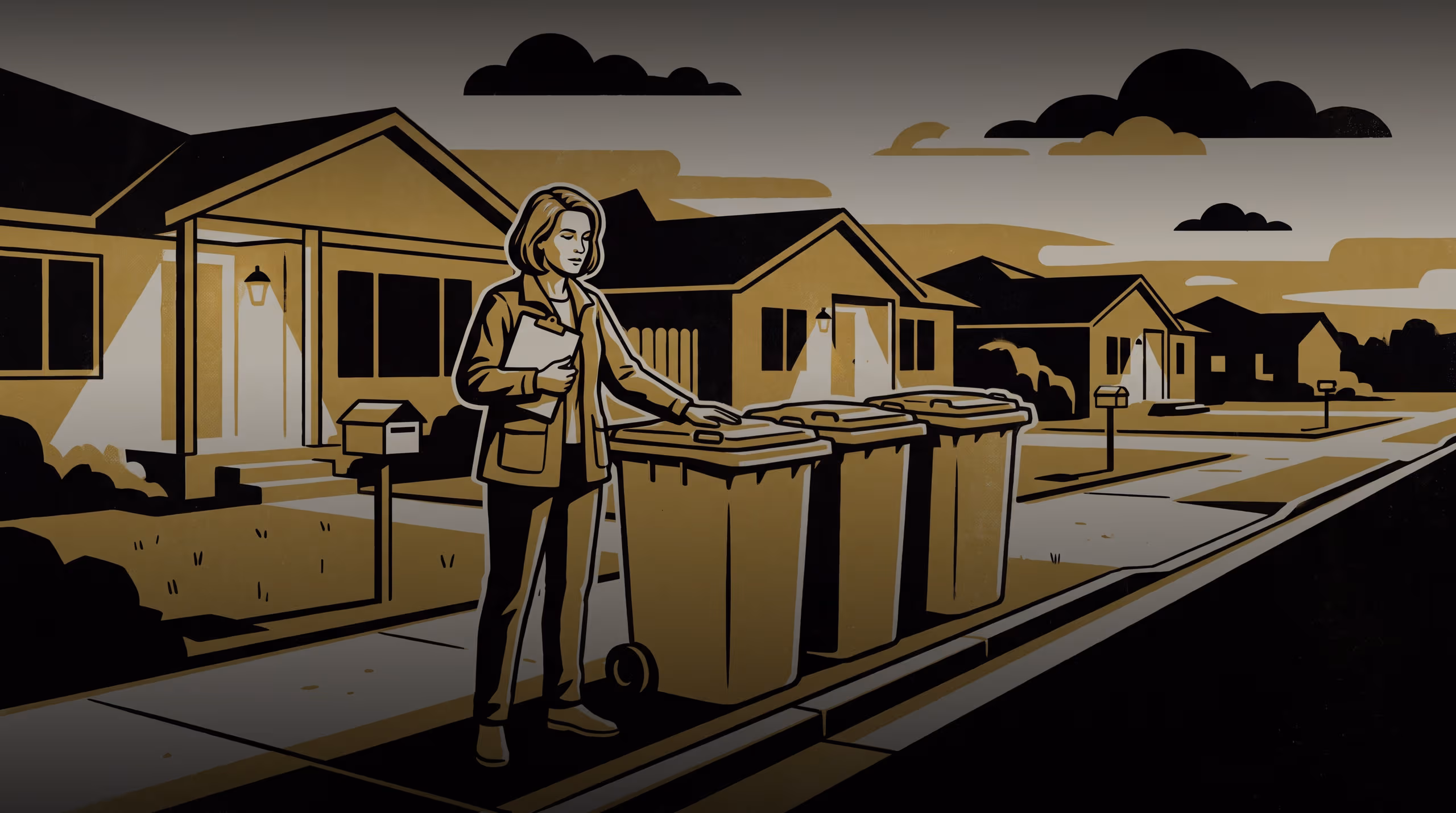 Illustration for Someone Always Ends Up Owning Bin Night: A featured-researcher campaign for the School of Continuous Improvement, built around Lecturer Marit Osayande's interview study of the household job nobody assigns until two missed collections make someone claim it