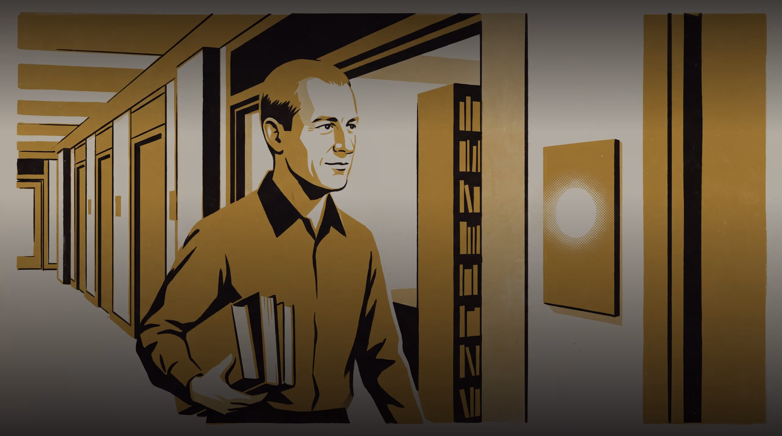 Illustration for The Study Room Already Knows You're Leaving: A featured-researcher marketing poster for Marek Solheim, Lecturer and Deputy Convenor of the Horizon Register, School of Emergent Priorities, promoting an early-release forecasting instrument that reopens library study rooms before a booking ends.