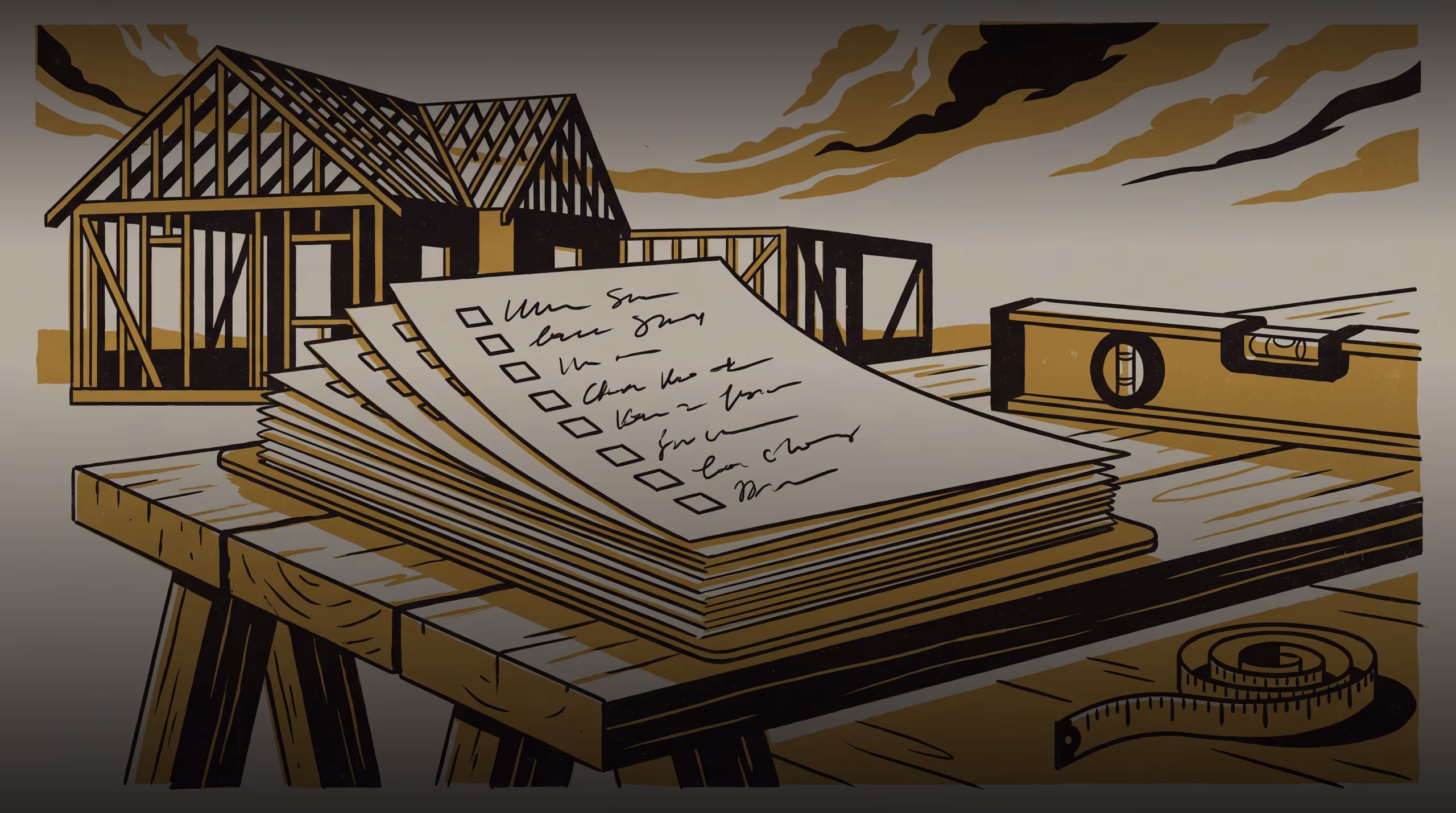 Illustration for Did the Checklist Ever Matter?: A research-teaser campaign for the School of Continuous Improvement, built around Dr Joost Nwosu's audit finding no relationship between a building-permit checklist's length and the compliance complaints a building attracts afterward, with the state's model-checklist protocol continuing regardless.