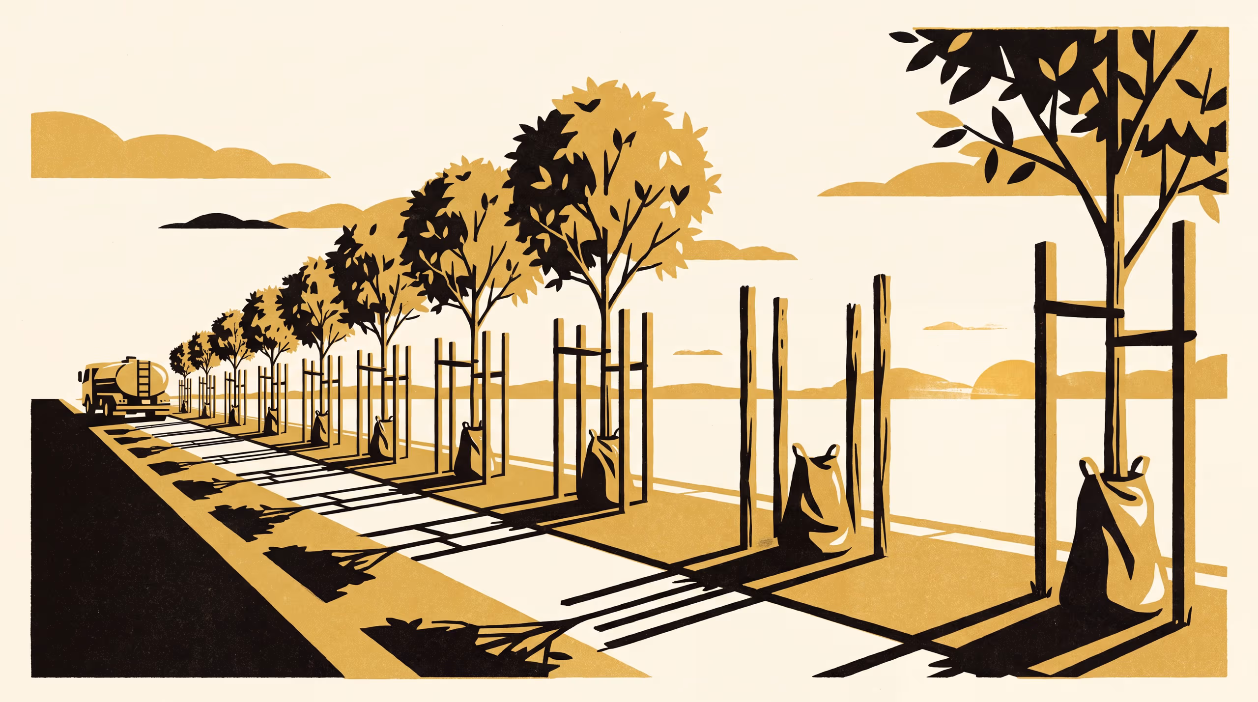 Illustration for Count the Trees Still Standing: A research-teaser signage campaign from the School of Emergent Priorities, built around the University's two-summer study of street-tree survival