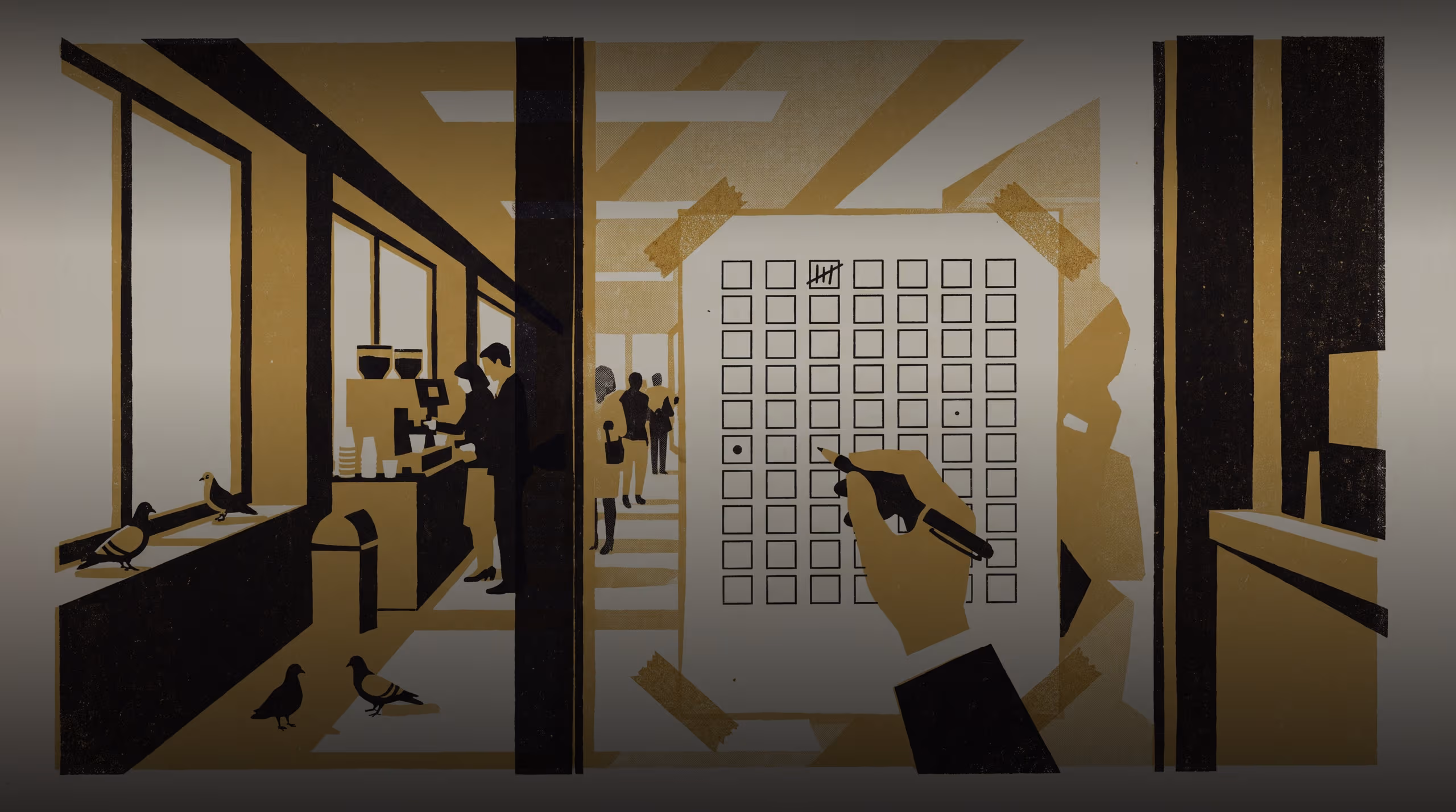 Illustration for Who Really Booked the Room?: A research-teaser campaign for the School of Continuous Improvement, staged around one meeting room's paper sign-up sheet