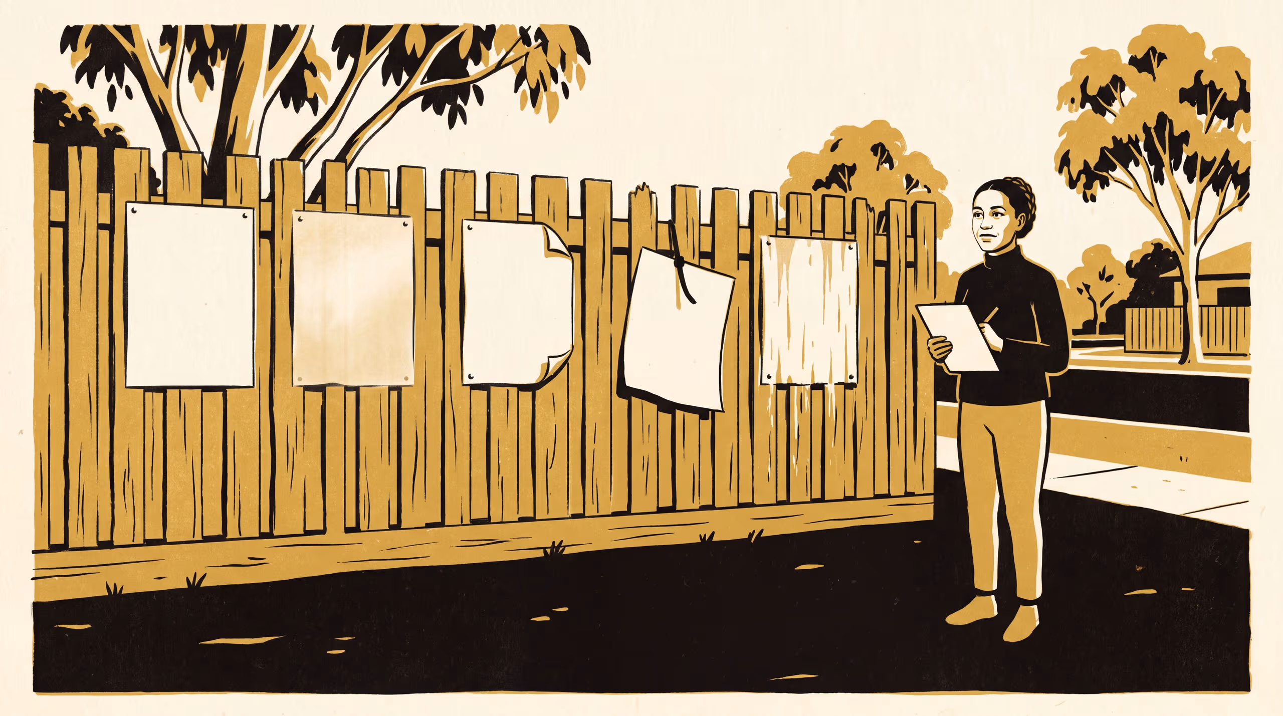 Illustration for Fence notices weather into five kinds: A featured-researcher advertisement for a five-kind weathering taxonomy of development-application site notices, from which a shire now counts its objection window