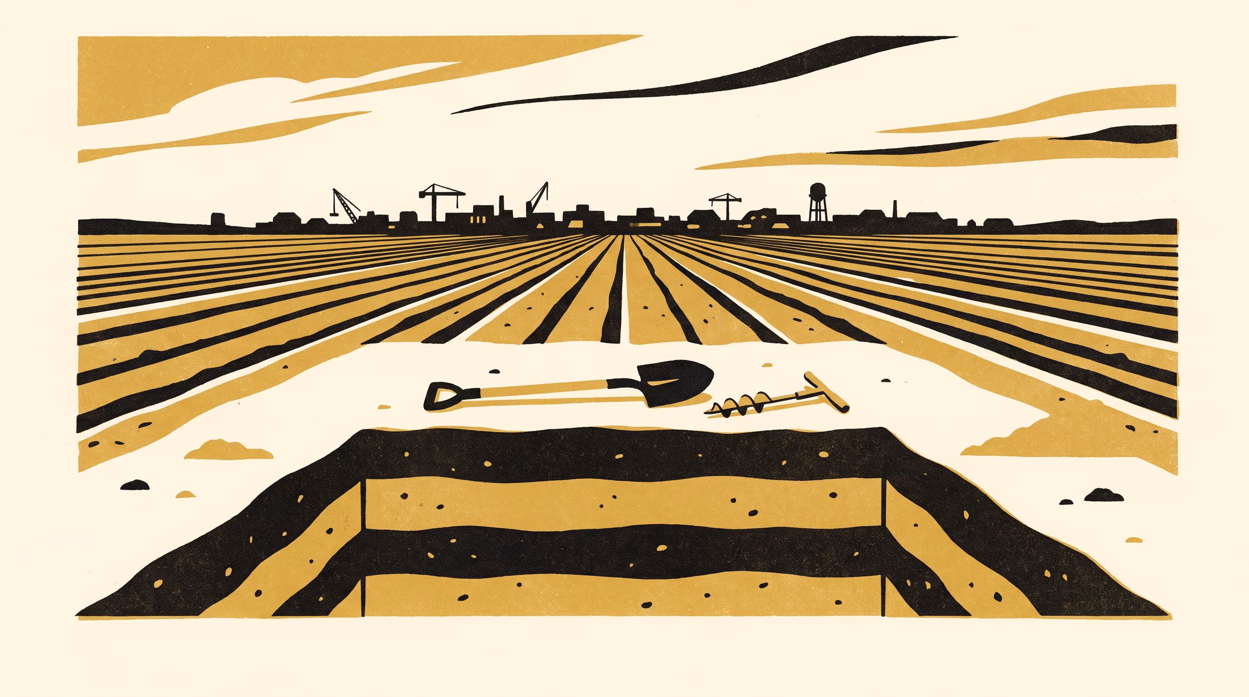 Illustration for Development Starts Further Down: A display campaign from the School of Underlying Conditions, addressed to students of Indian economic and social development and claiming first place for depth.