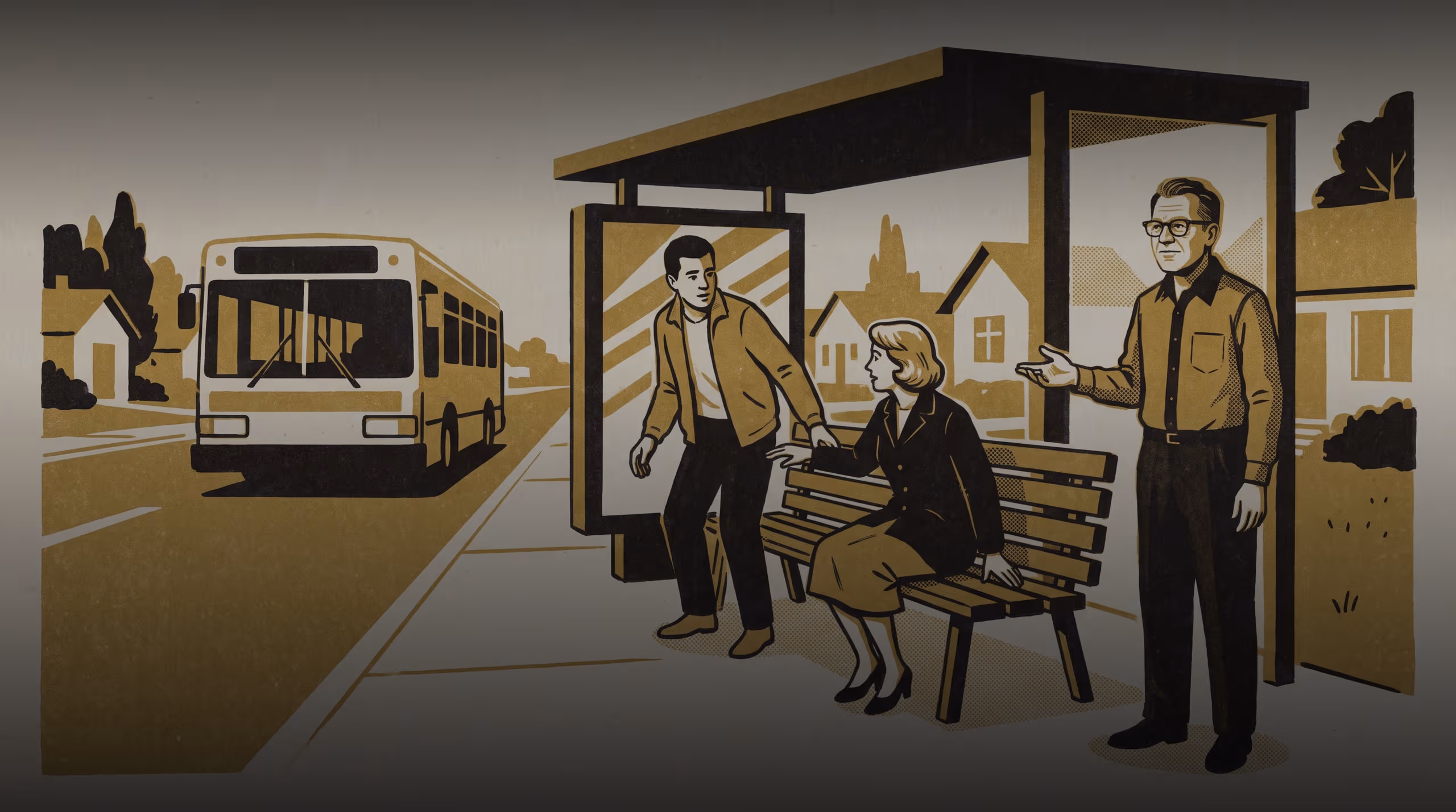 Illustration for Equal Turns. Uneven Buses.: A campaign for Dr Joost Nwosu's attempt to replicate an earlier queue-fairness finding at a suburban bus stop, and the mandatory bench roster it leaves behind