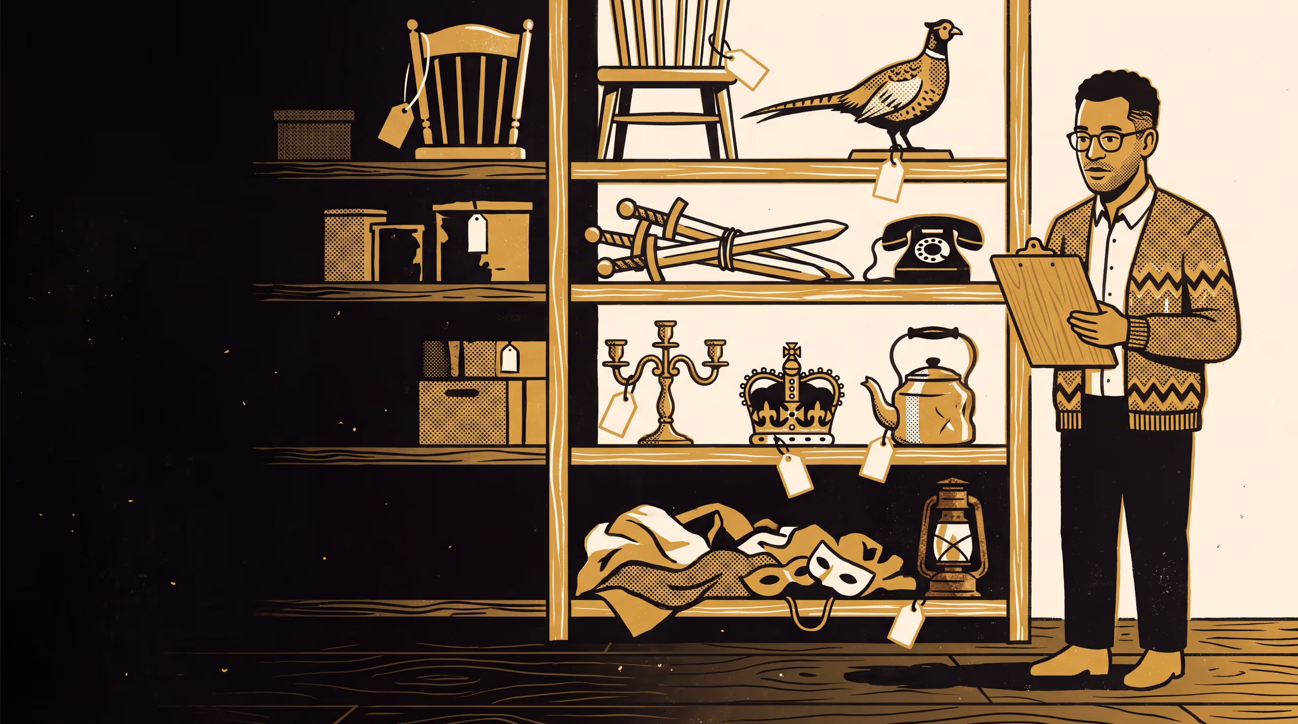 Illustration for Is Your Prop Cupboard at Level Four?: A featured-researcher campaign for the School of Continuous Improvement, built around the five-level scale a community theatre group's prop cupboard is scored against and the rule that no season is announced until the cupboard attests Level Four