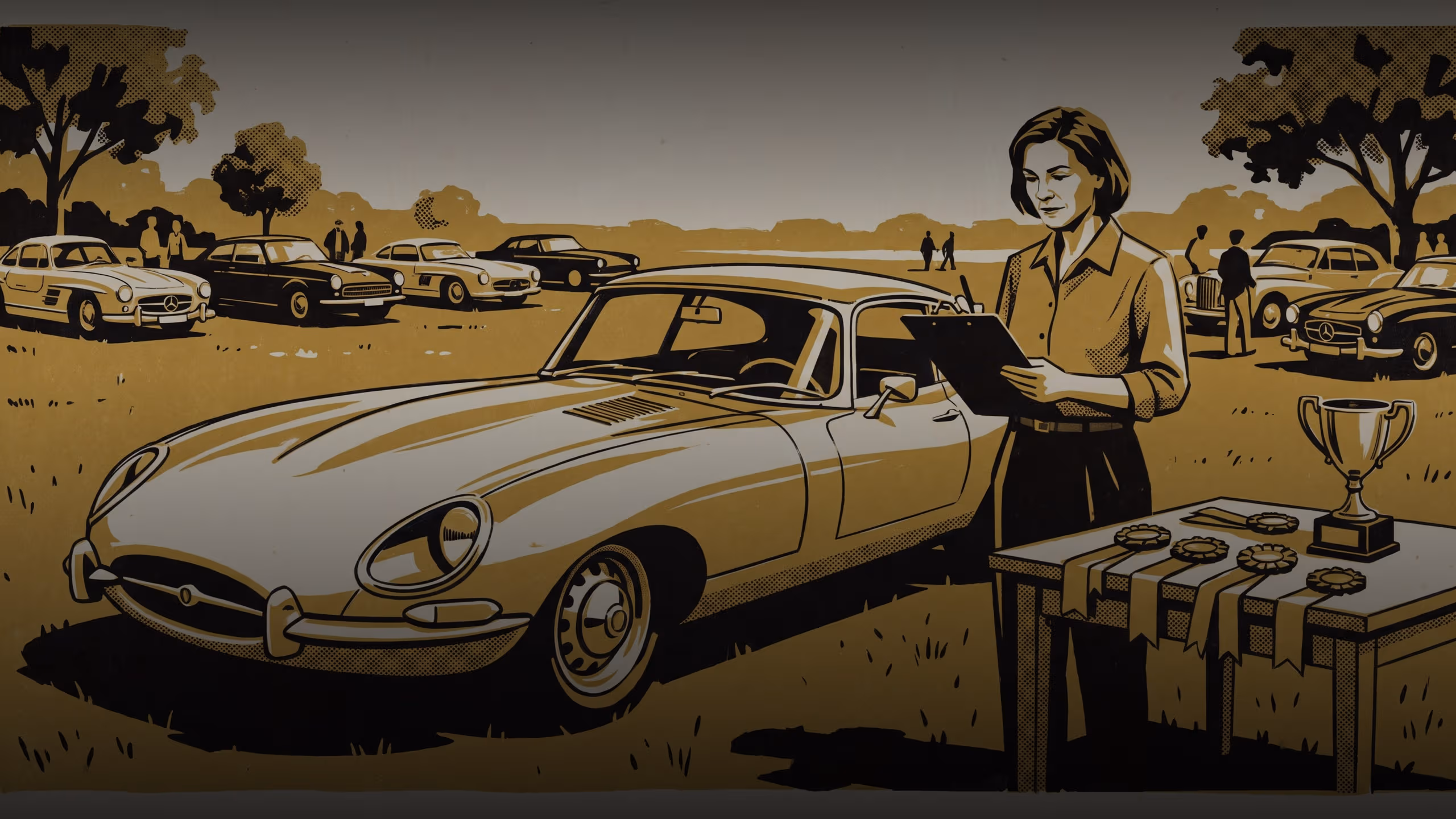 Illustration for Judging After the Fact: A featured-researcher campaign for the School of Emergent Priorities, built around Senior Lecturer Ronja Oyelaran's case study of a vintage-car club's concours scoresheet completed to match a winner already settled at lunch