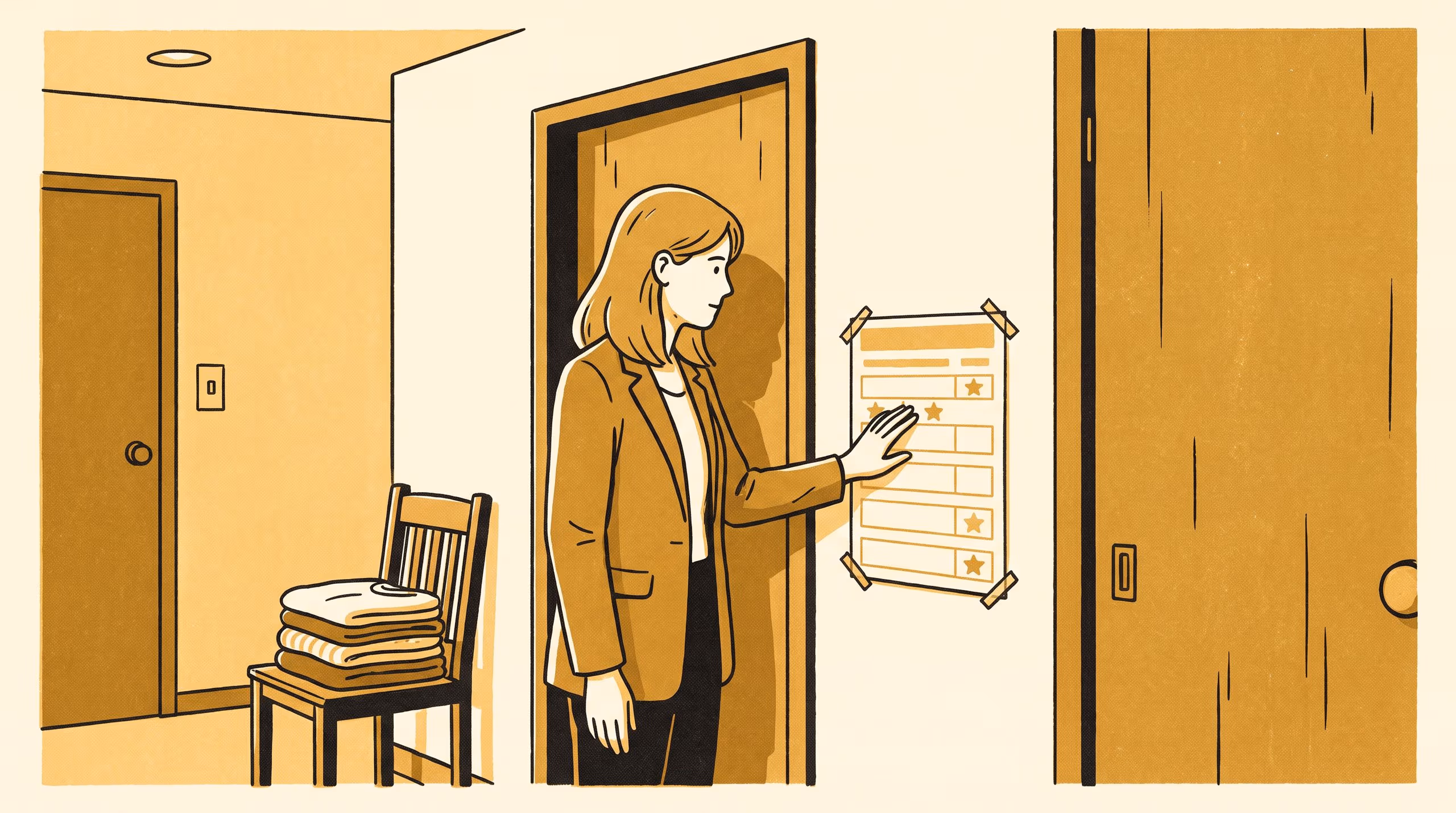 Illustration for The Chart Never Went Quiet At Home: A featured-researcher campaign for the School of Continuous Improvement, staging Dr Marit Osayande's own attempt to reproduce the Living Dashboard's meeting-room neglect finding on a child's bedroom-door star chart