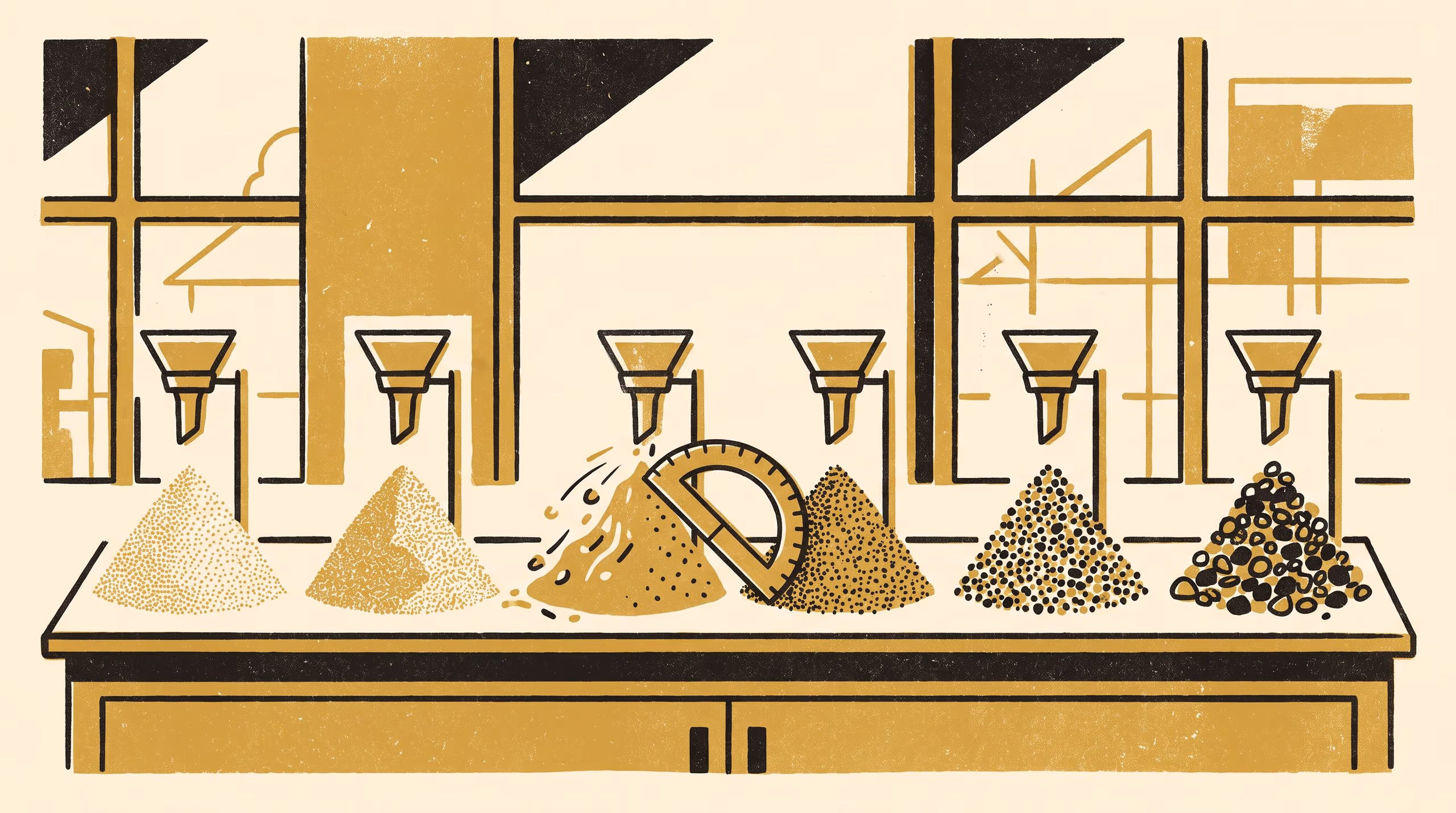 Illustration for Every Heap Has an Angle: A featured-researcher campaign for Slop University, in which a soil surveyor watches a heap of sand reach the slope at which it begins to pour