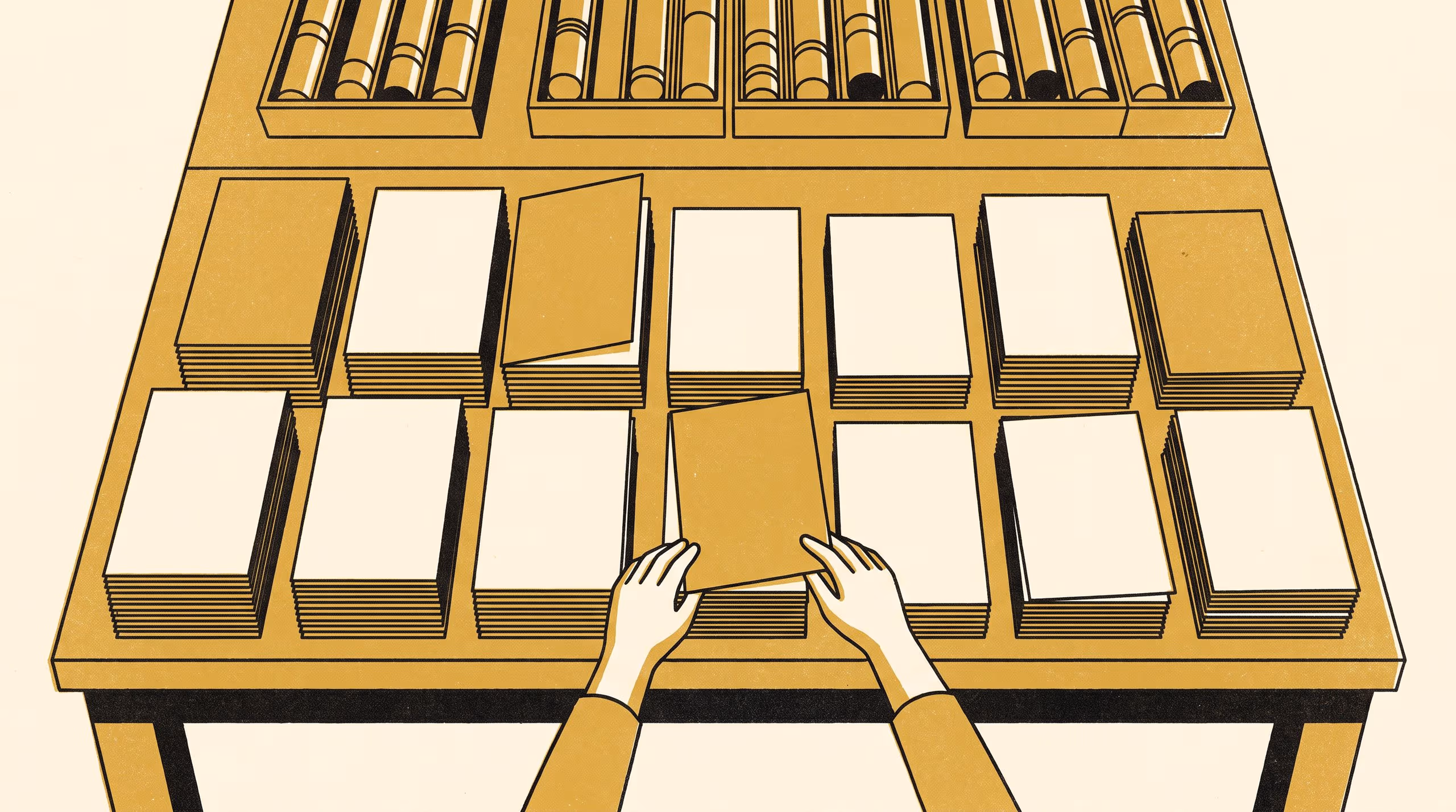 Illustration for Find the Themes Nobody Wrote Down: A display campaign fronted by the Lead of the Basement Relations Group, in which an archive of drill logs is dealt into piles by what it turns out to be about.