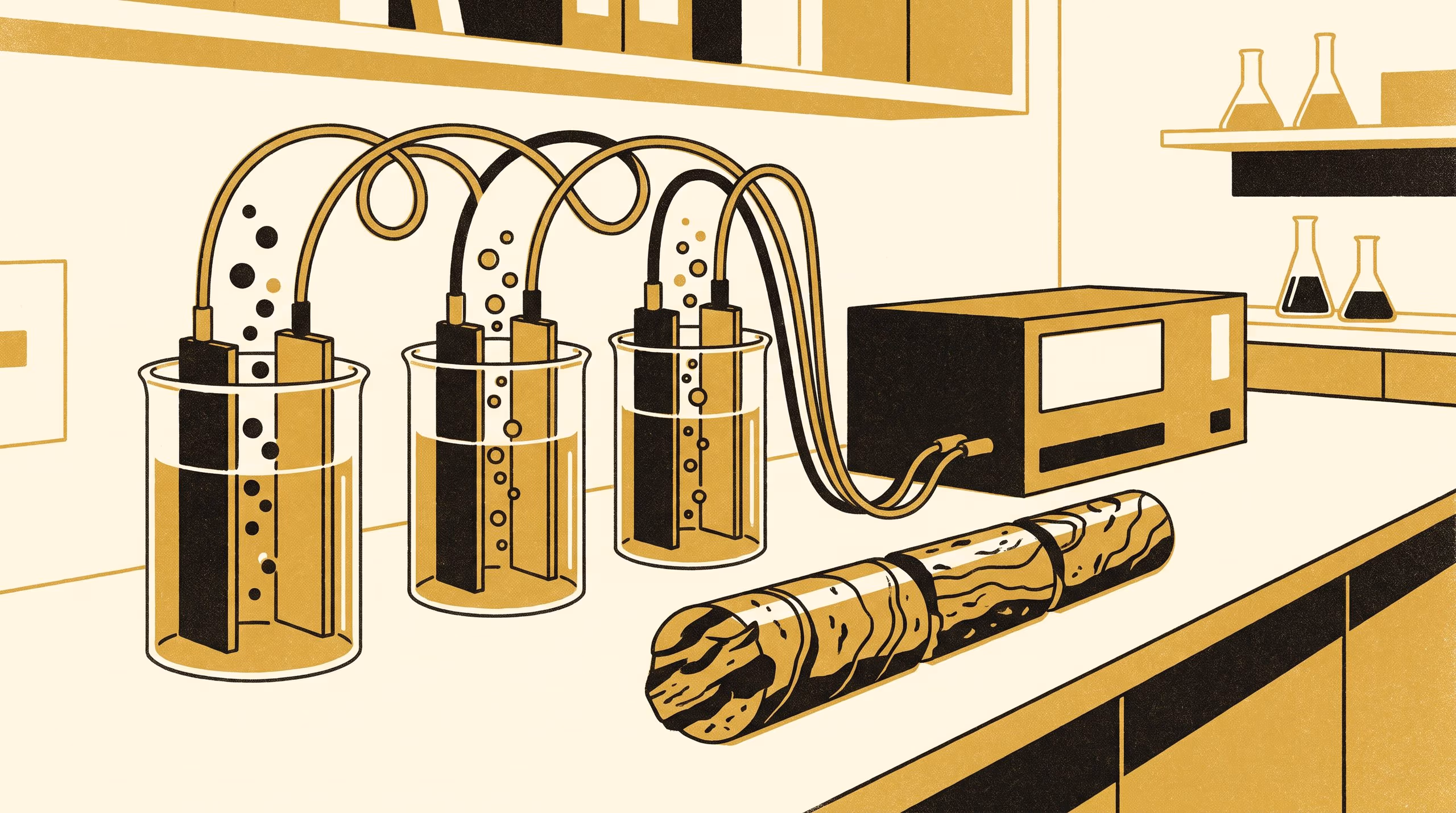 Illustration for We Lower the Barrier. We Are Not Consumed.: A standing campaign for the School of Underlying Conditions, setting its position on the University's own Indicator Commons composite beside an electrochemical cell at work.