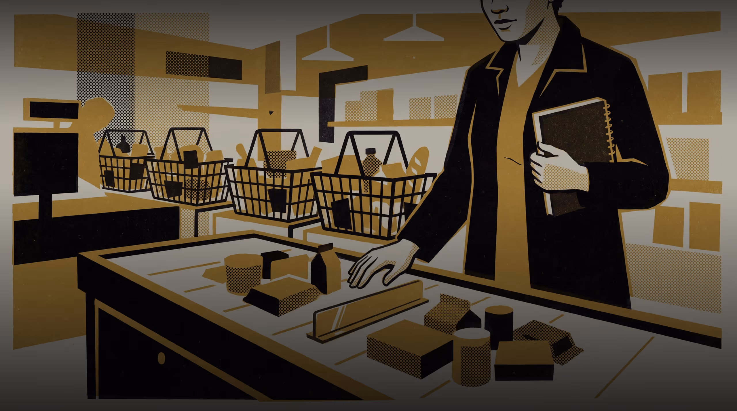 Illustration for Four Signals Tell A Till You're Done: A featured-researcher campaign for the School of Continuous Improvement, built around a four-way taxonomy of how shoppers signal a finished order at supermarket lanes, strip-mall counters, and food trucks.