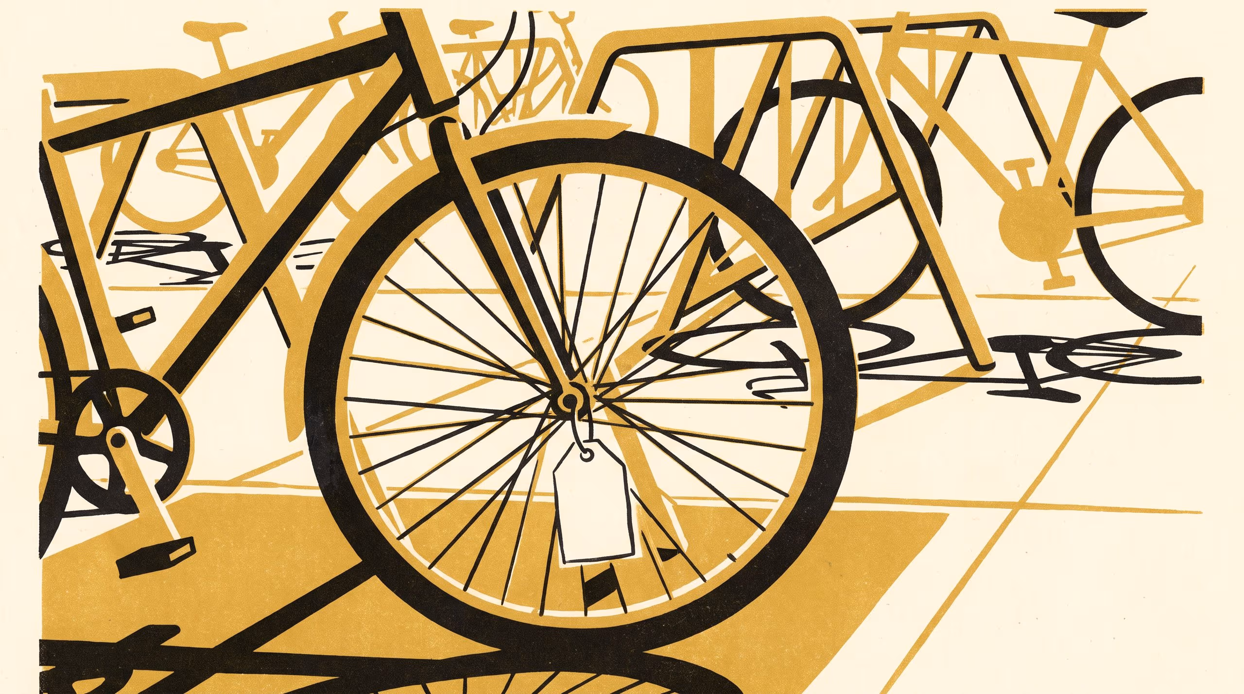 Illustration for Has Anyone Seen My Bike: A come-study marketing poster for the Master of Priority Studies, School of Emergent Priorities, built around the instrument that sorts every campus bike-parking act into one of five kinds.