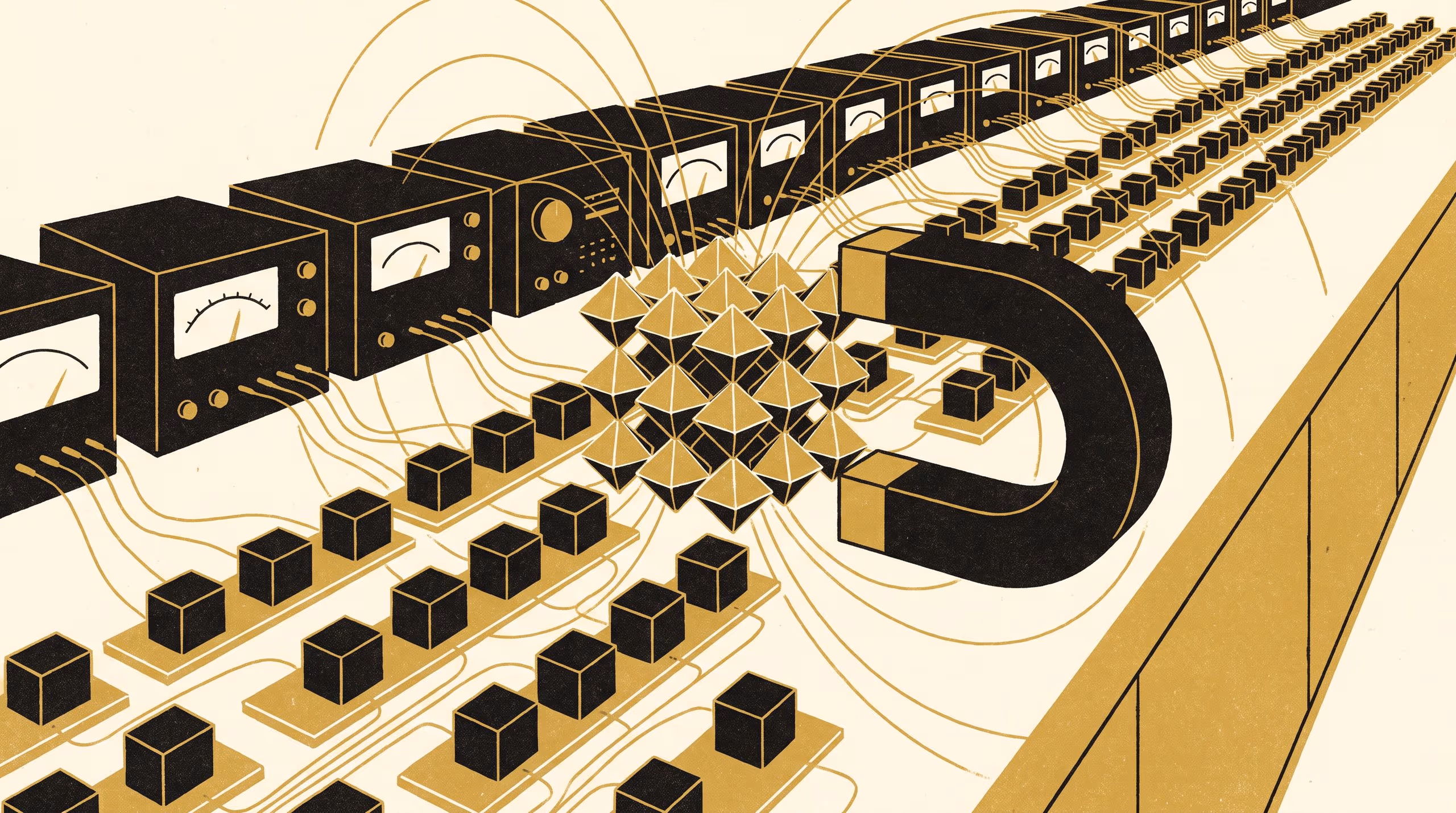 Illustration for Highly Conductive. Strongly Correlated.: A portrait ranking campaign for the School of Underlying Conditions, set over a magnet, a perovskite crystal and a bench of wired samples