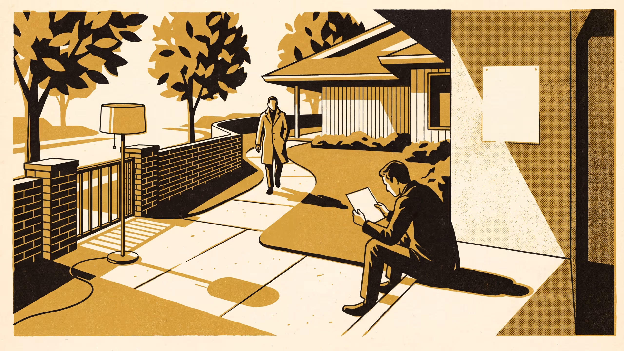 Illustration for Asked, Not Taken: A research-teaser marketing poster for the School of Continuous Improvement, carrying a survey of unanswered neighbourhood-marketplace enquiries onto the landscape signage panels