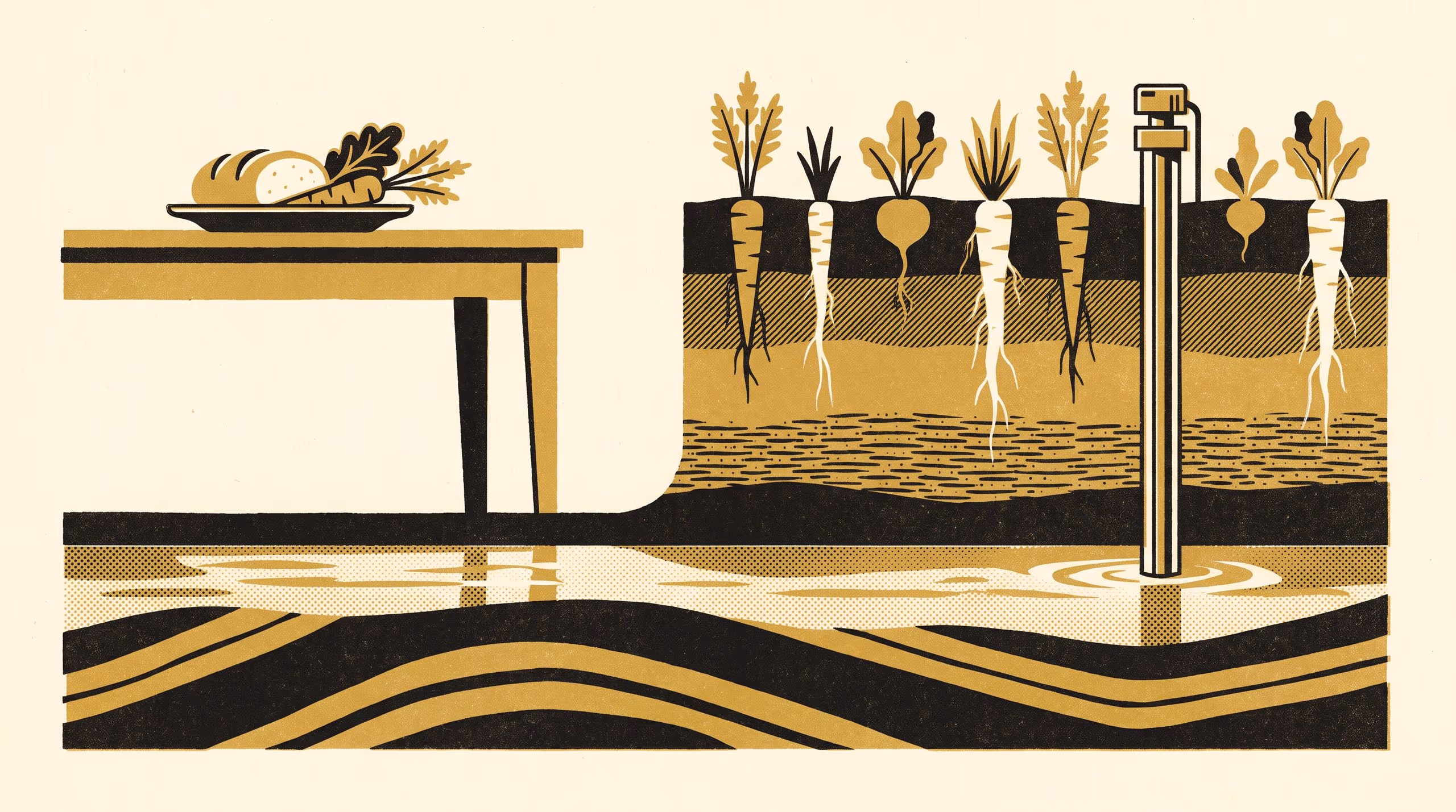 Illustration for Know Your Underlying Conditions: A portrait campaign for the School of Underlying Conditions, following a single meal down through paddock, soil horizons and monitoring bore to the water table
