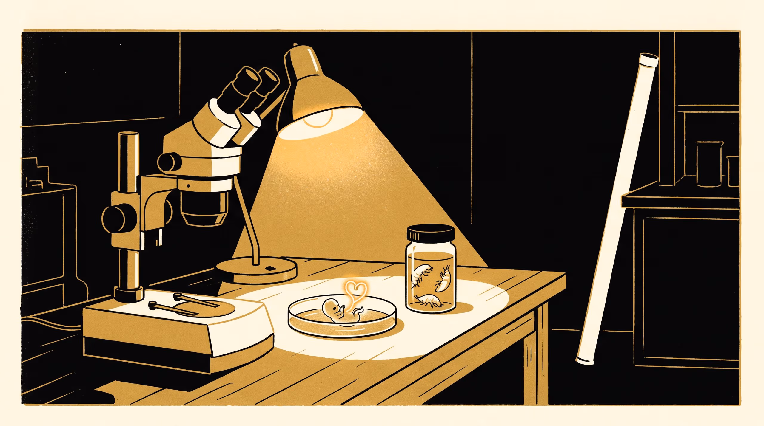 Illustration for Laid Down Before Anyone Looked: A display campaign in which the School of Underlying Conditions sets an embryo's first heart fold beside a vial of eyeless bore amphipods, and points the public to its finding that the animals' eyes followed their lineage rather than the light.