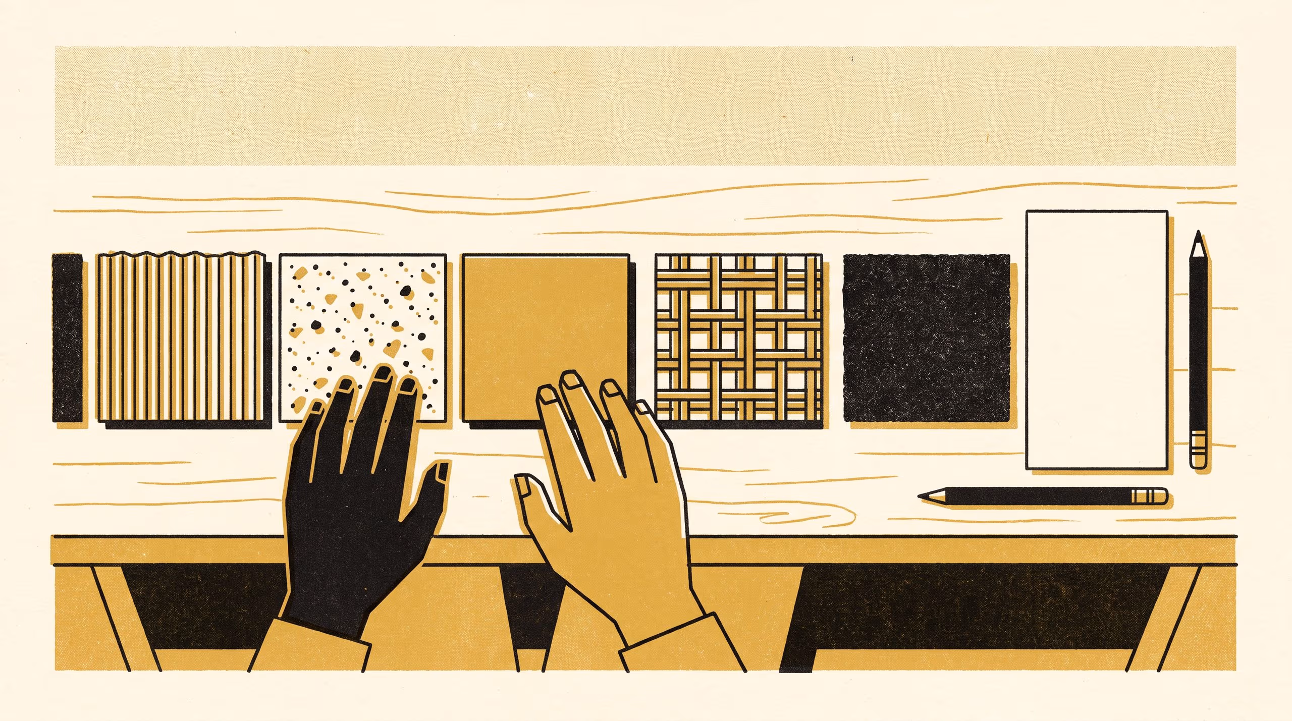 Illustration for Learn What Your Hands Already Know: A come-study display campaign for the Master of Priority Studies, in which a student reads a row of surfaces by fingertip before picking up the pencil.