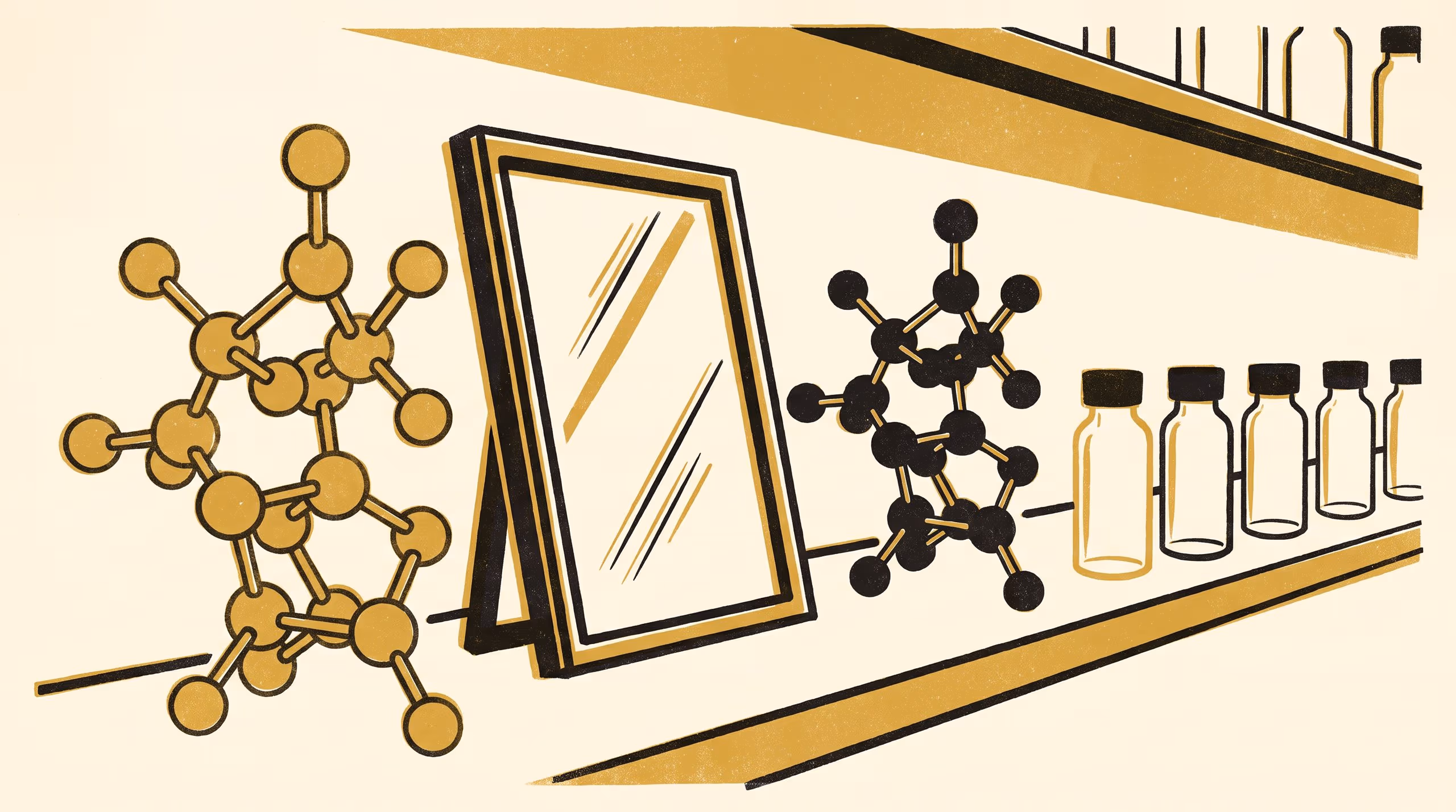 Illustration for Make Only the One You Meant: A display campaign presenting selectivity as a University strength, in which a pair of mirror-image flasks is held up over a pressure vessel and one of the two is full.