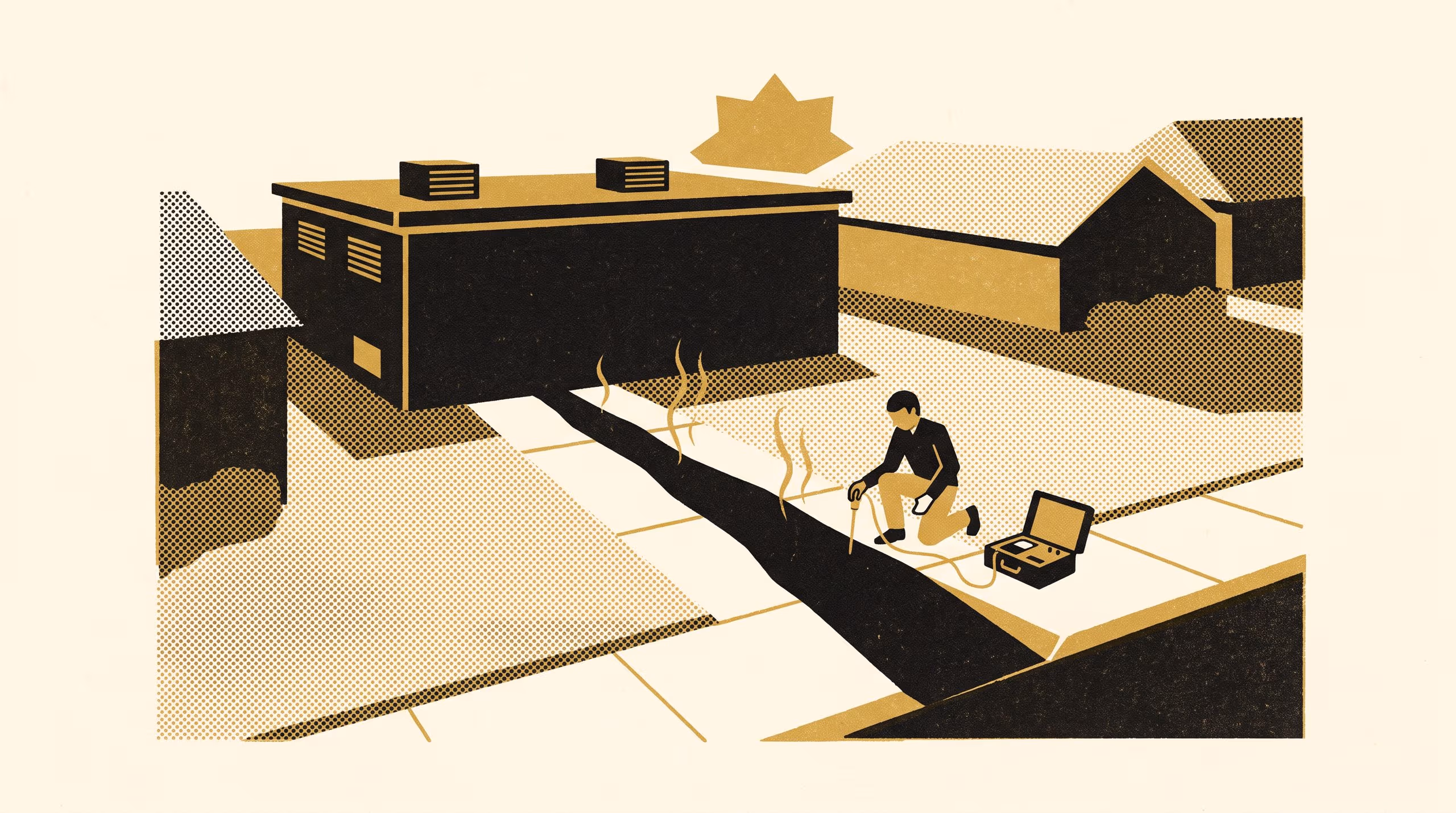 Illustration for Some Streets Never Frost. We Measure Why.: A winter signage campaign for the Master of Applied Measurement, pitched on the warm seam a suburban data centre presses into a frosted street.