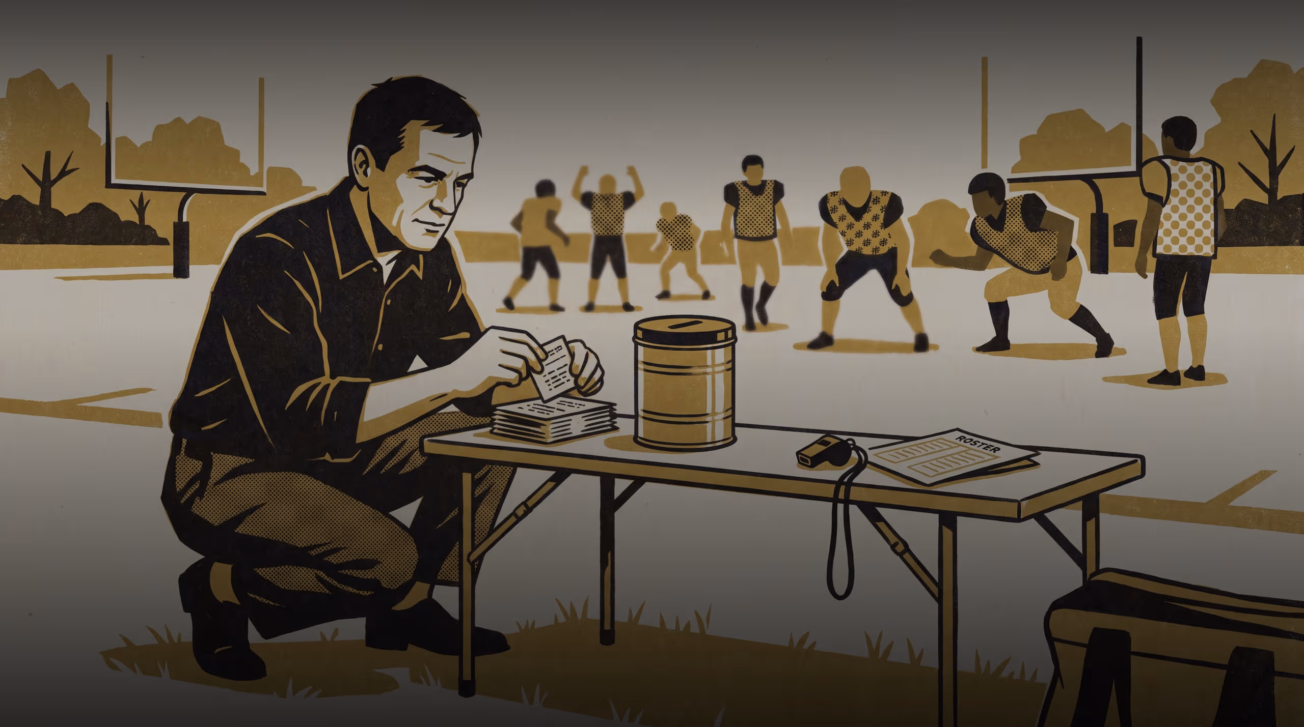 Illustration for Measuring How Far a Ballot Travels: A featured-researcher campaign for the School of Continuous Improvement, built around Dr Sten Okwuosa's case study of a junior football club's parent encouragement ballot and the captaincy order now read off its tally