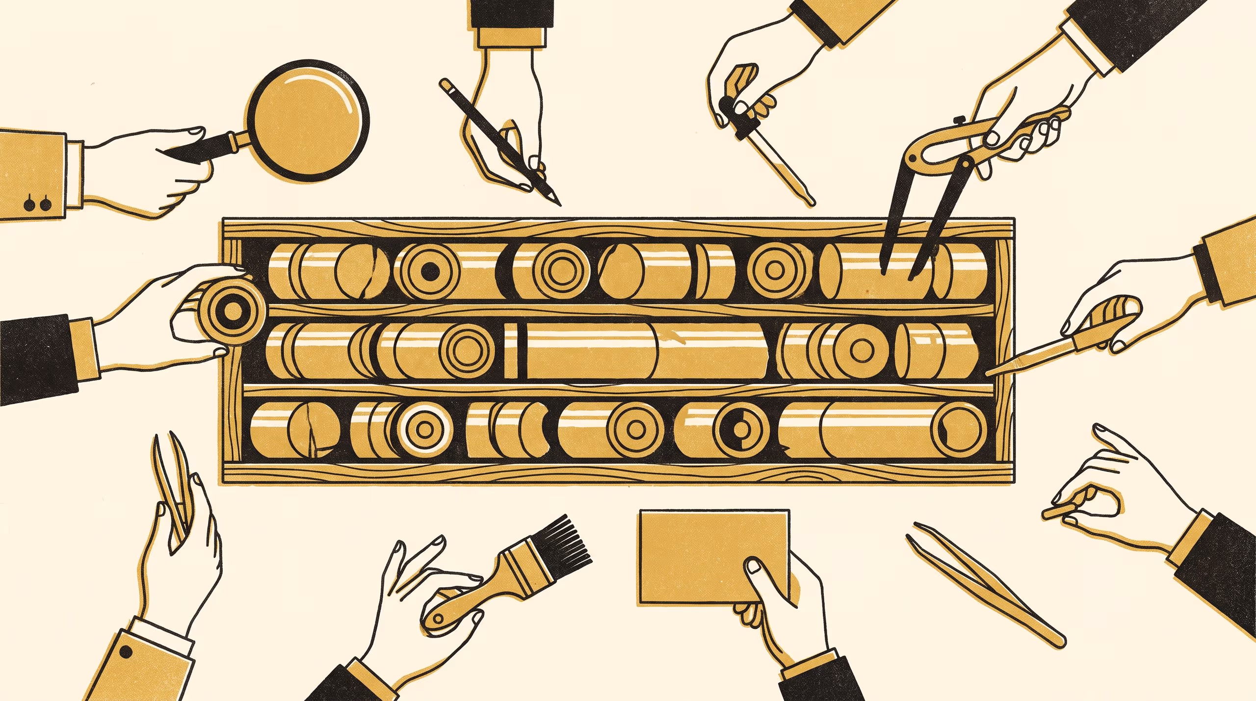 Illustration for More Disciplines per Borehole: A portrait campaign for the School of Underlying Conditions, set at one tray of core with six trades around it