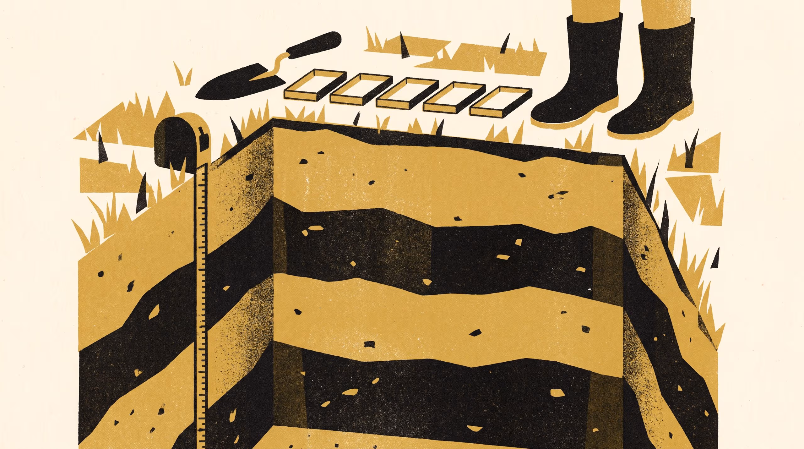 Illustration for Place-Based Innovation Starts with the Place: A landscape campaign for Slop University, in which a workshop circle of folding chairs is set around an open soil pit