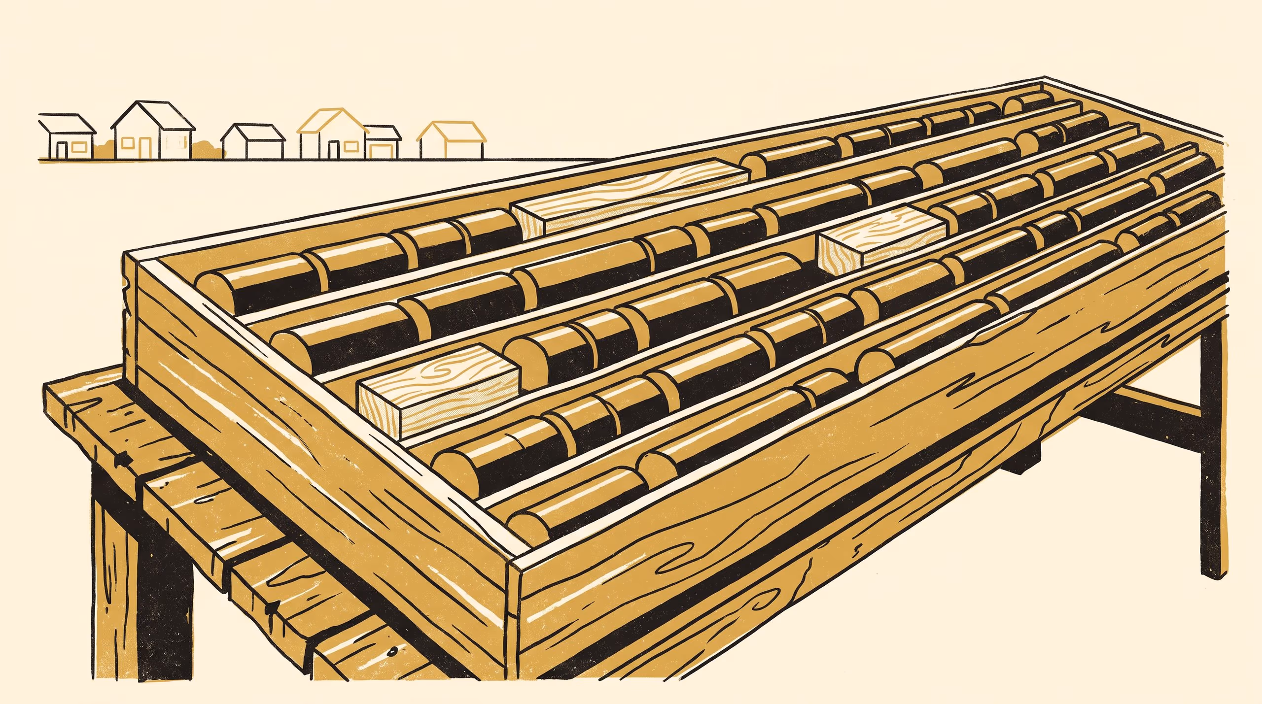 Illustration for Plan for the People Not Here Yet: A portrait research-teaser campaign for the School of Underlying Conditions, set on a hillside of houses that have not been built