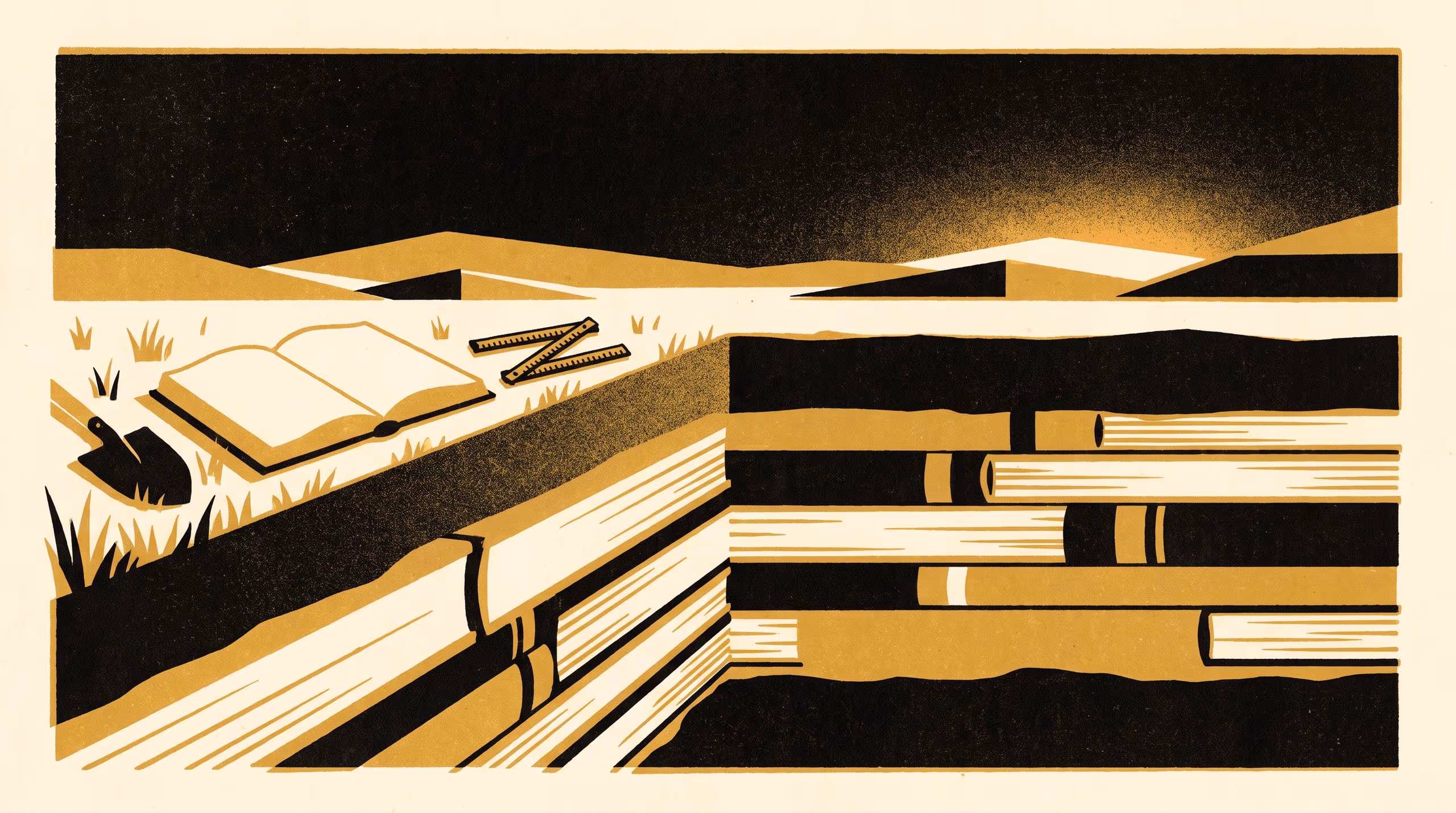 Illustration for Every Story Has a Subsoil: A featured-researcher campaign for Slop University, in which a soil surveyor stands in a pit whose layers are books and invites readers to decide where a theme ends