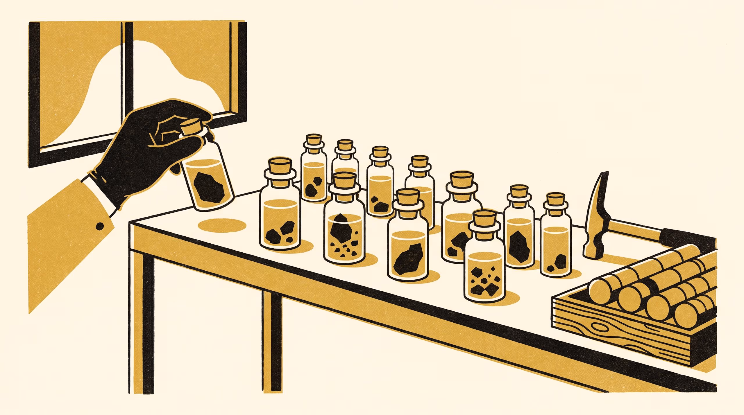Illustration for Study the Salts That Stay Liquid: A come-and-study campaign for the School of Underlying Conditions, inviting students to the bench where ionic liquids are put to work on the ground