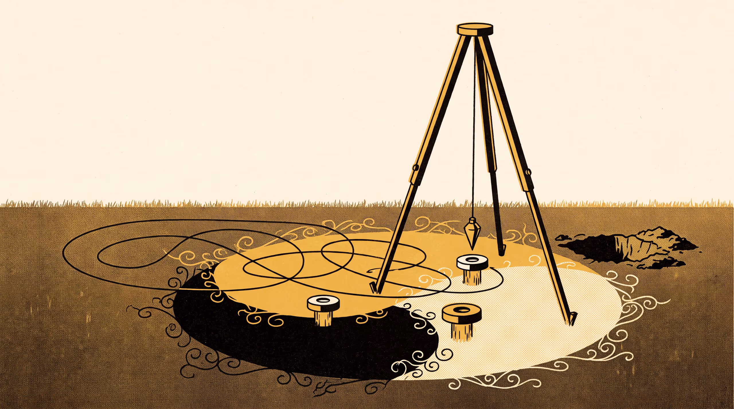 Illustration for Sensitive Dependence on Underlying Conditions: A landscape campaign for a Futures in Committee session on where a pendulum swung over three magnets comes to rest