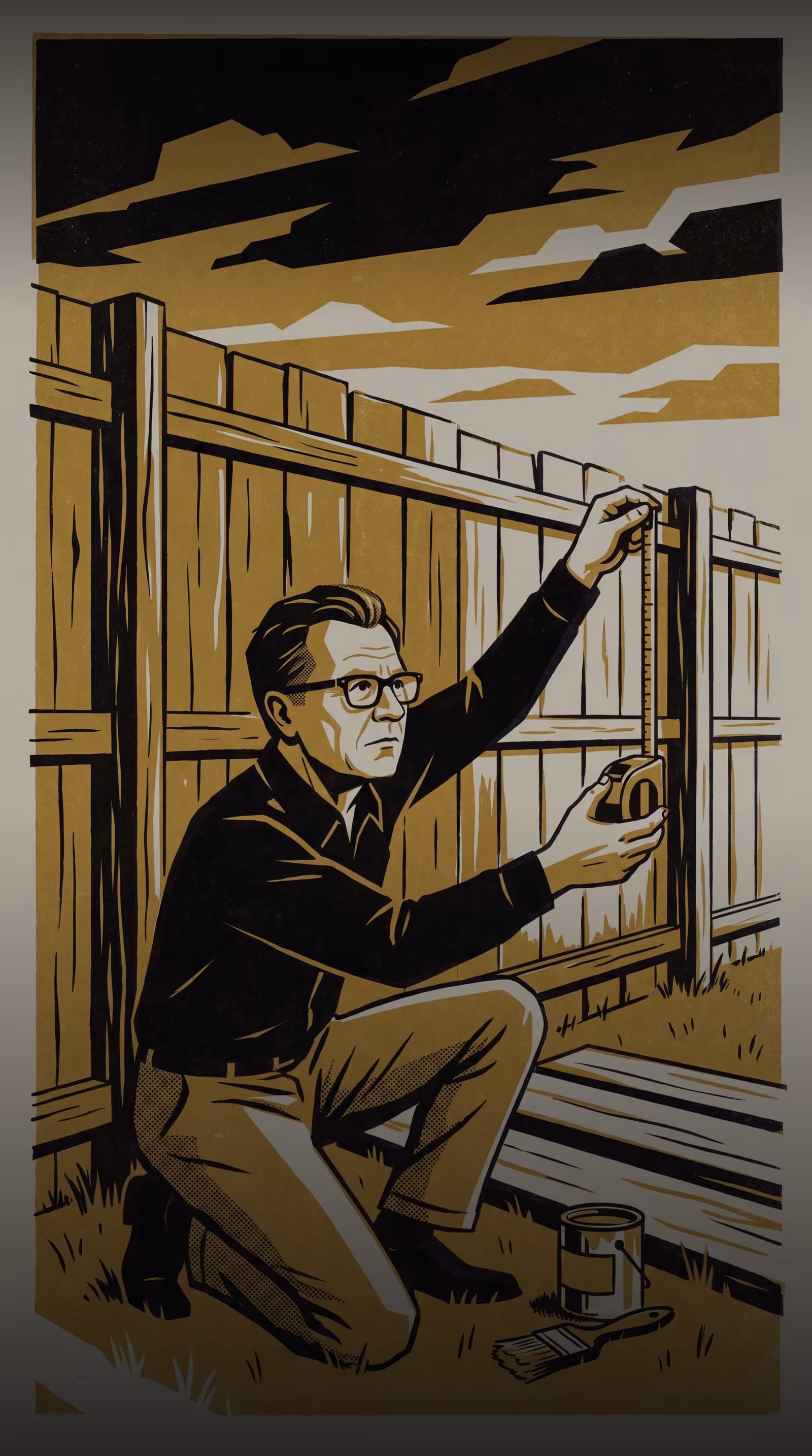 Illustration for Notes on the No-Permit Line: The Adaptive Metrics Lab treats a backyard fence's no-permit height ceiling as a natural boundary between maintained and neglected fences