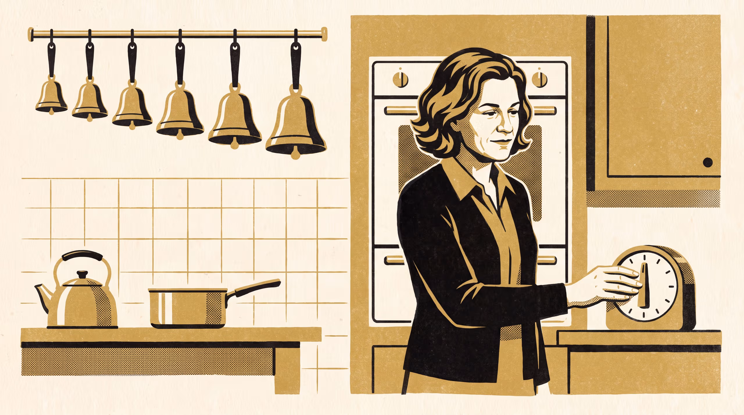 Illustration for Notes on the Extra Minute: A featured-researcher marketing poster for Senior Research Fellow Dr Anneke Tolan, School of Emergent Priorities, built around a six-kind sorting of the extra minute a household oven timer is asked for.