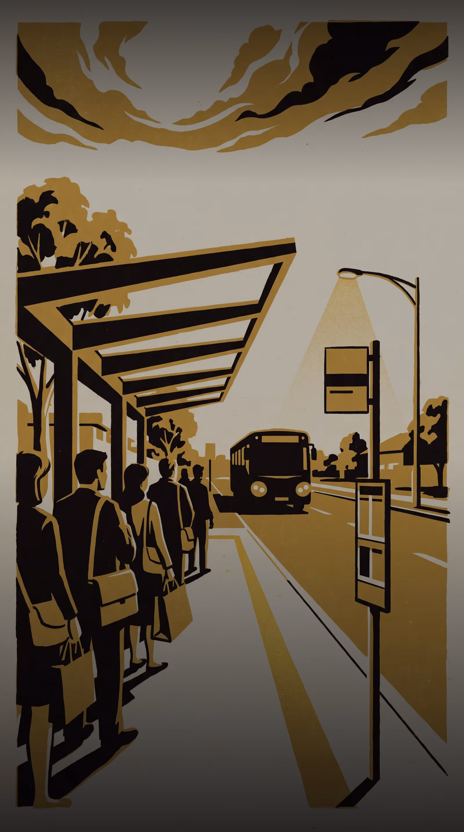 Illustration for Six Weeks Changed Nothing at the Bus Stop: A research-teaser campaign for the School of Continuous Improvement, staged around Dr Bram Ntuli's null result on a stencilled bus-stop boarding-queue line
